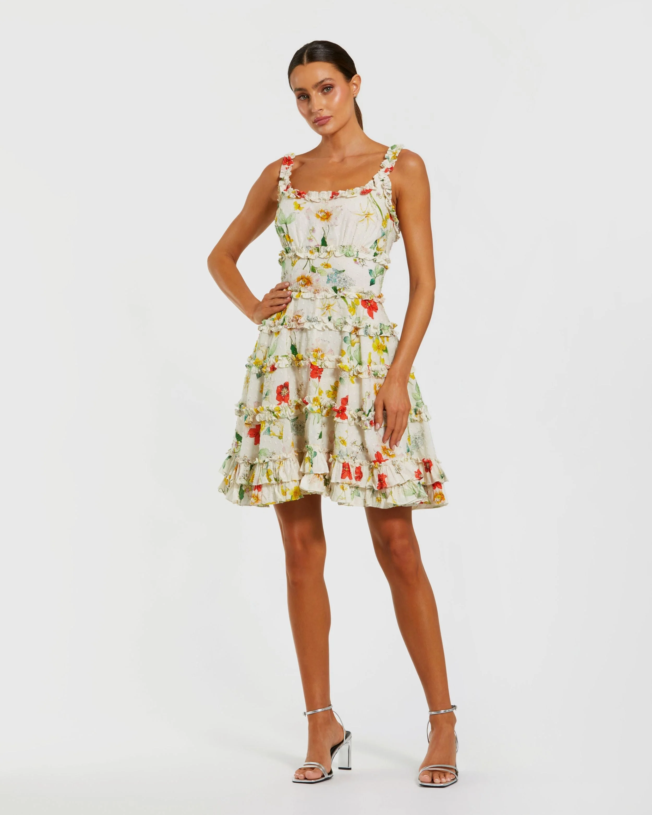 Multicolor Floral Square Neck Ruffle Mini Dress