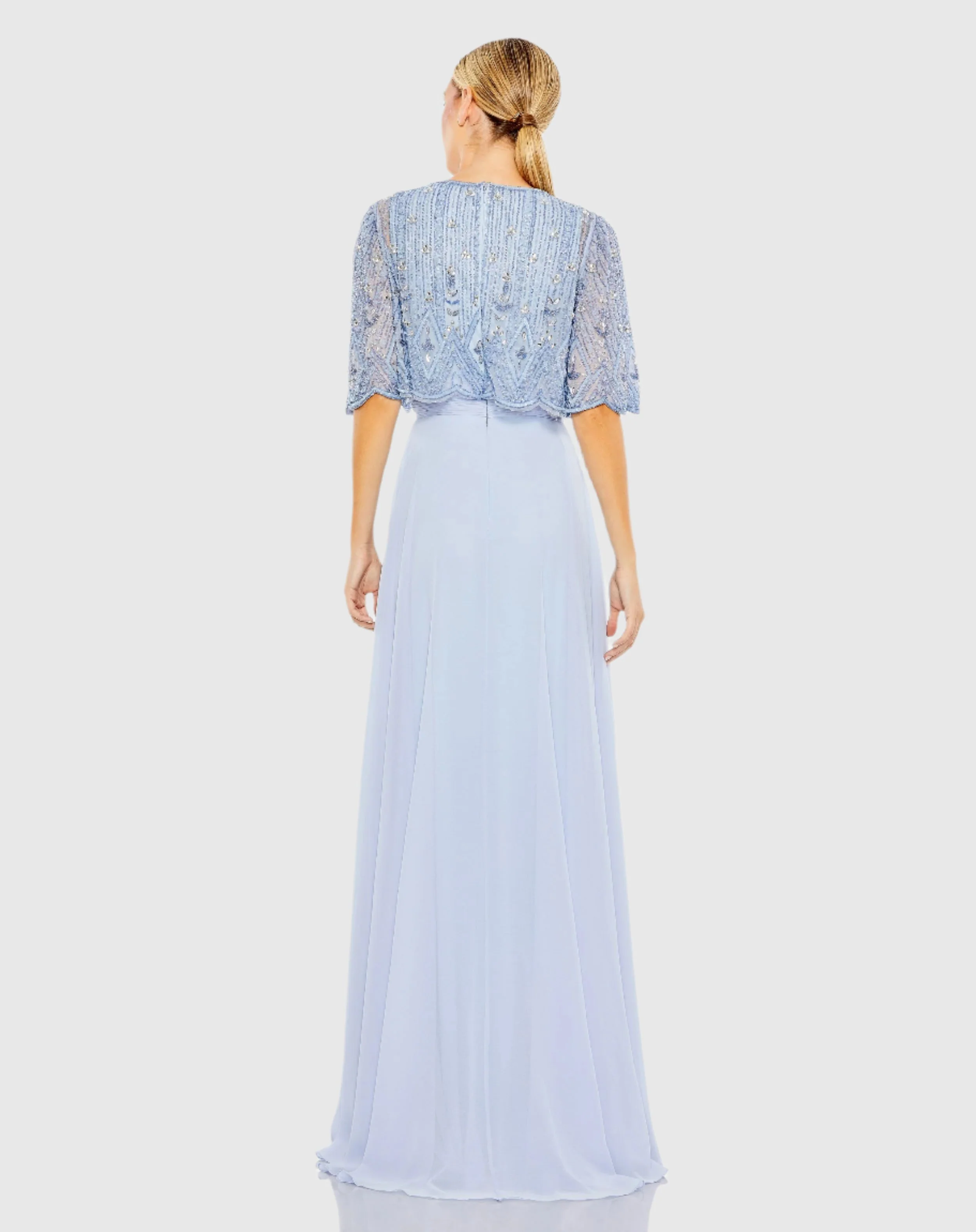 Blue Beaded Overlay A-Line Gown