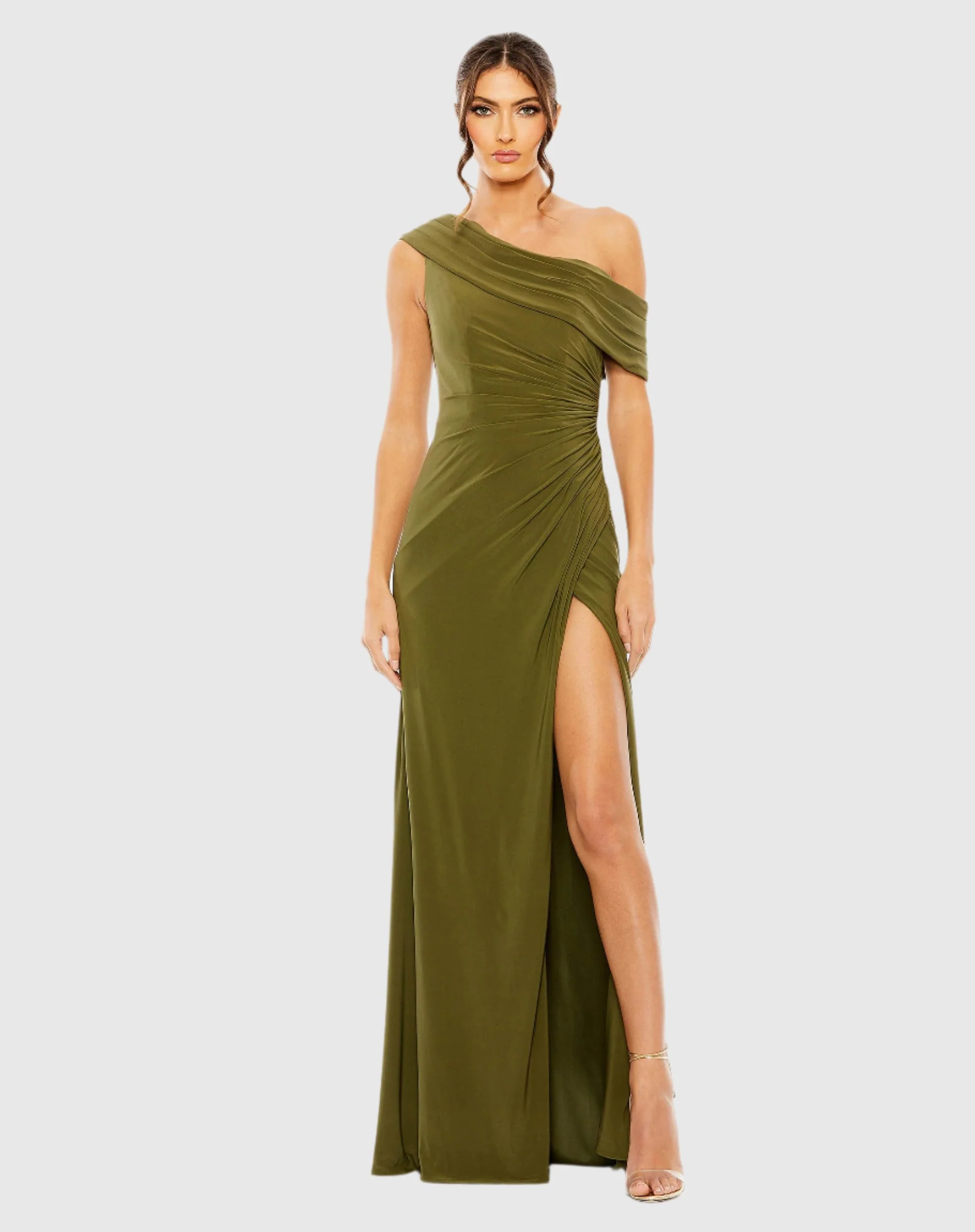 Green Foldover Off-the-Shoulder Slit Gown