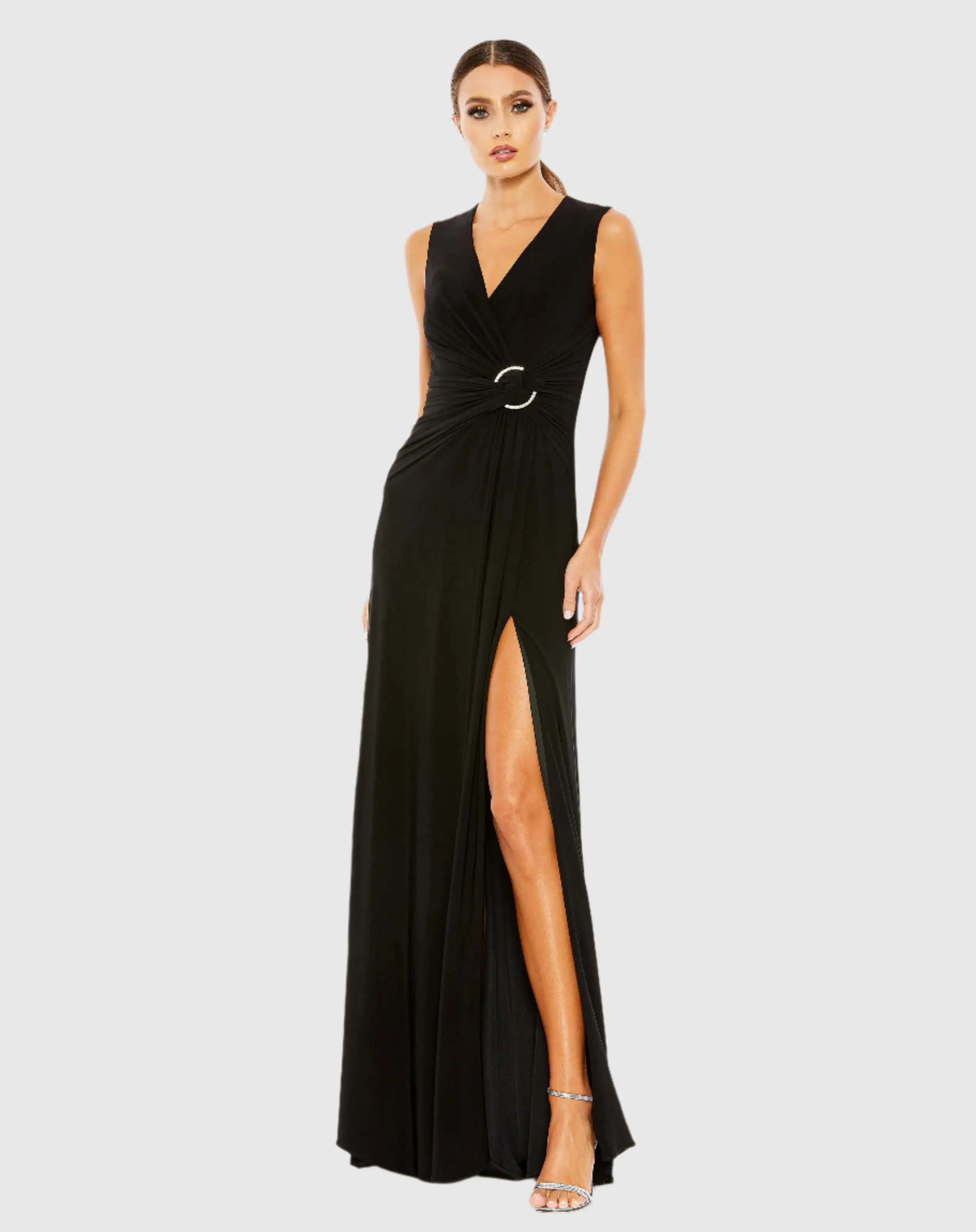 Black Draped Side Knot Jersey Gown w/ Rhinestone Ring