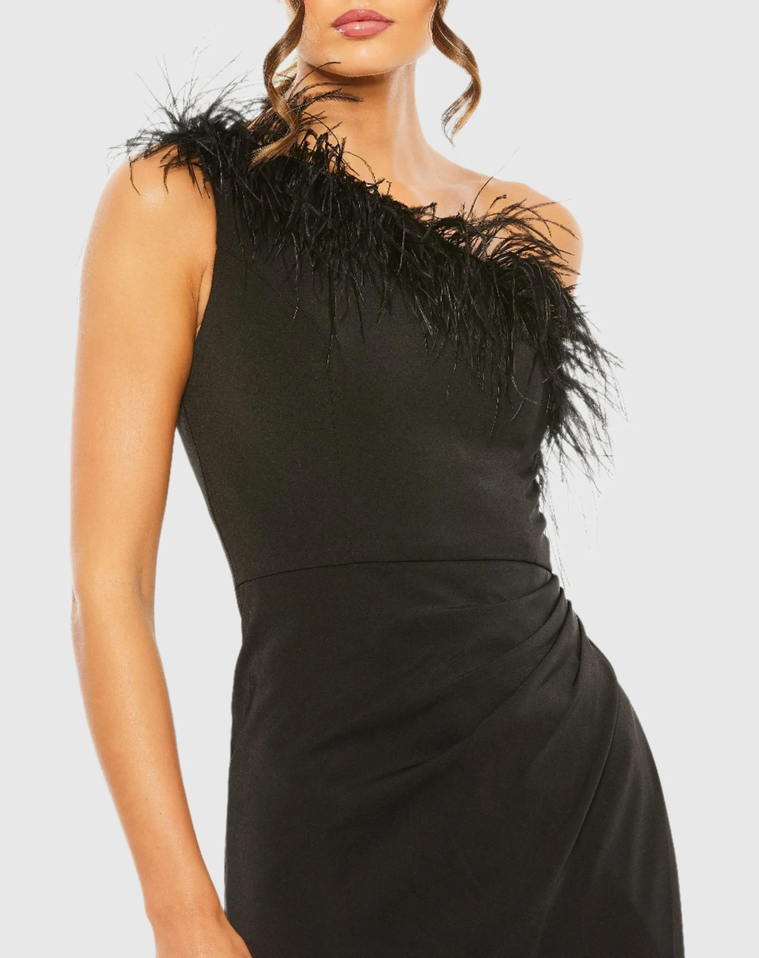 Black One Shoulder Feather Trim Gown