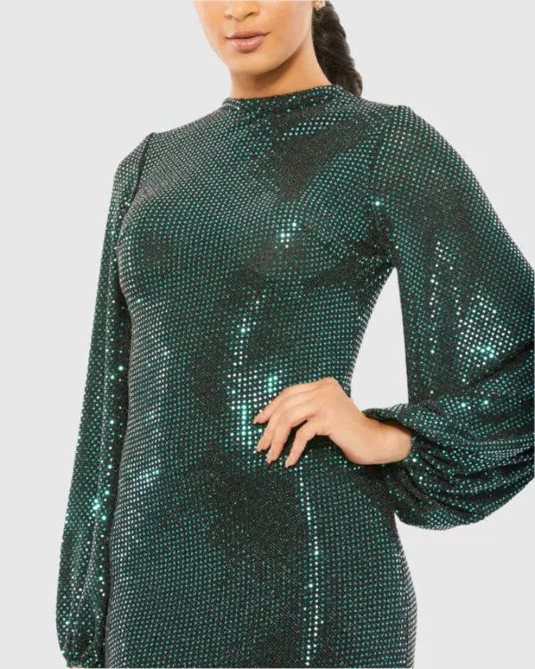 Green Disco Stretch Blouson Sleeve Gown