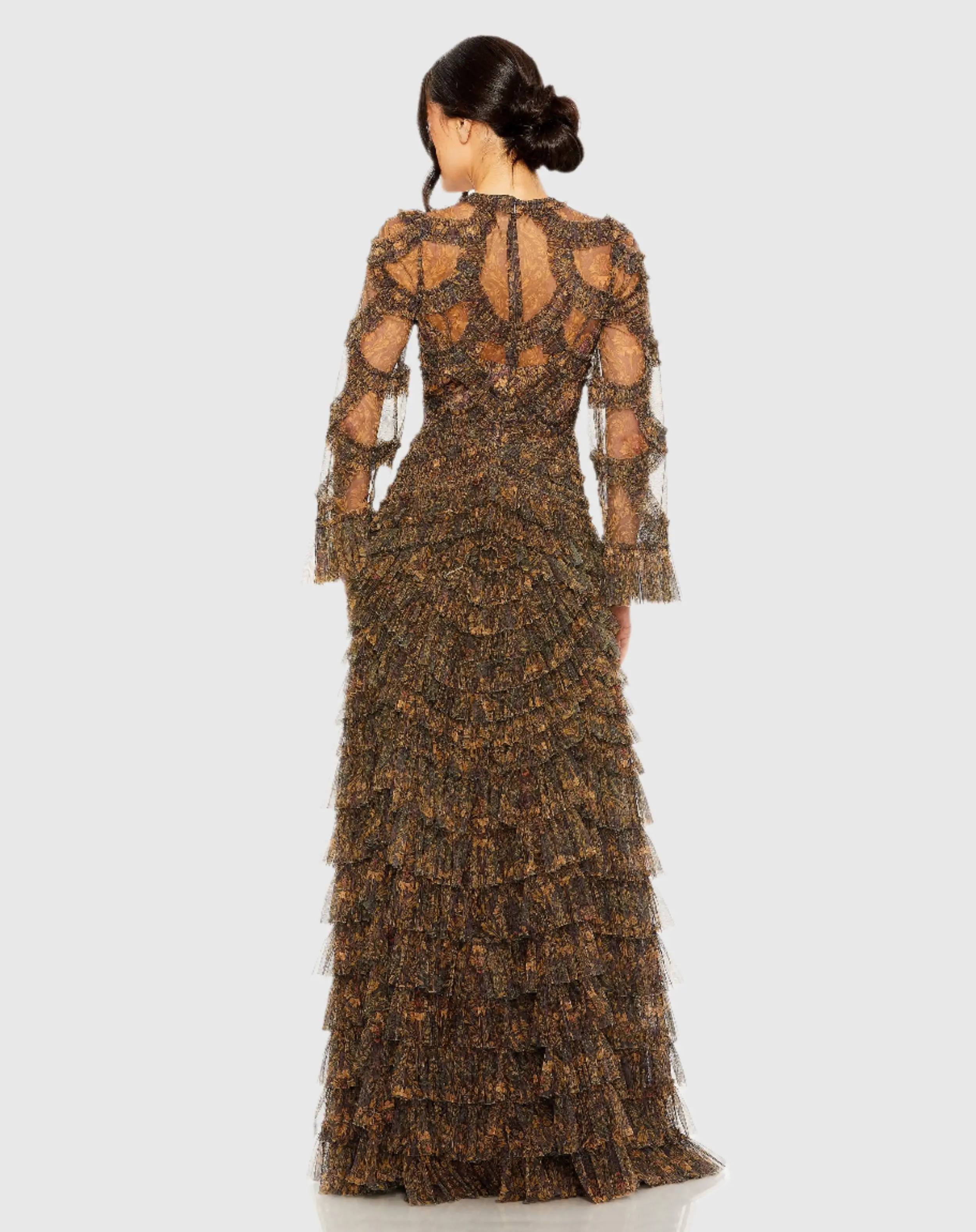 Brown Long Flutter Sleeve Ruffle Tiered Gown
