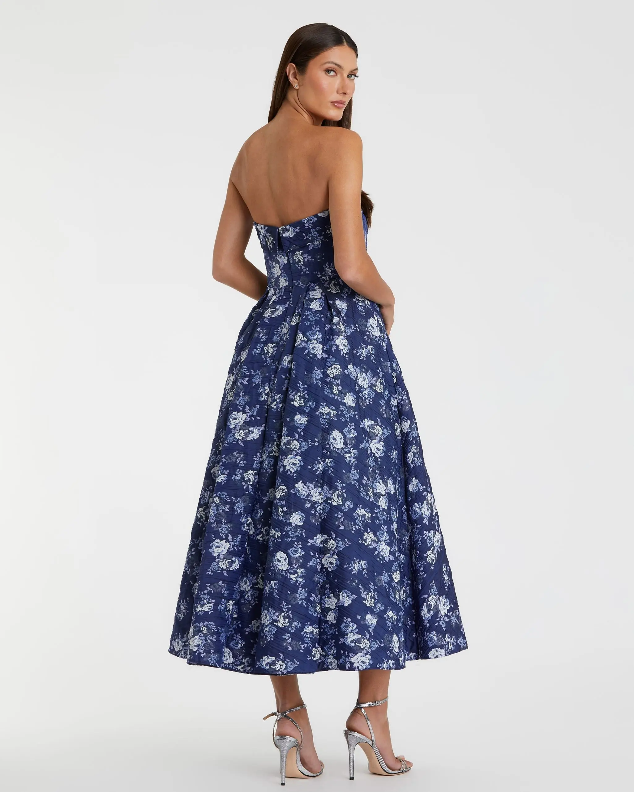 Blue Strapless Brocade Midi Dress