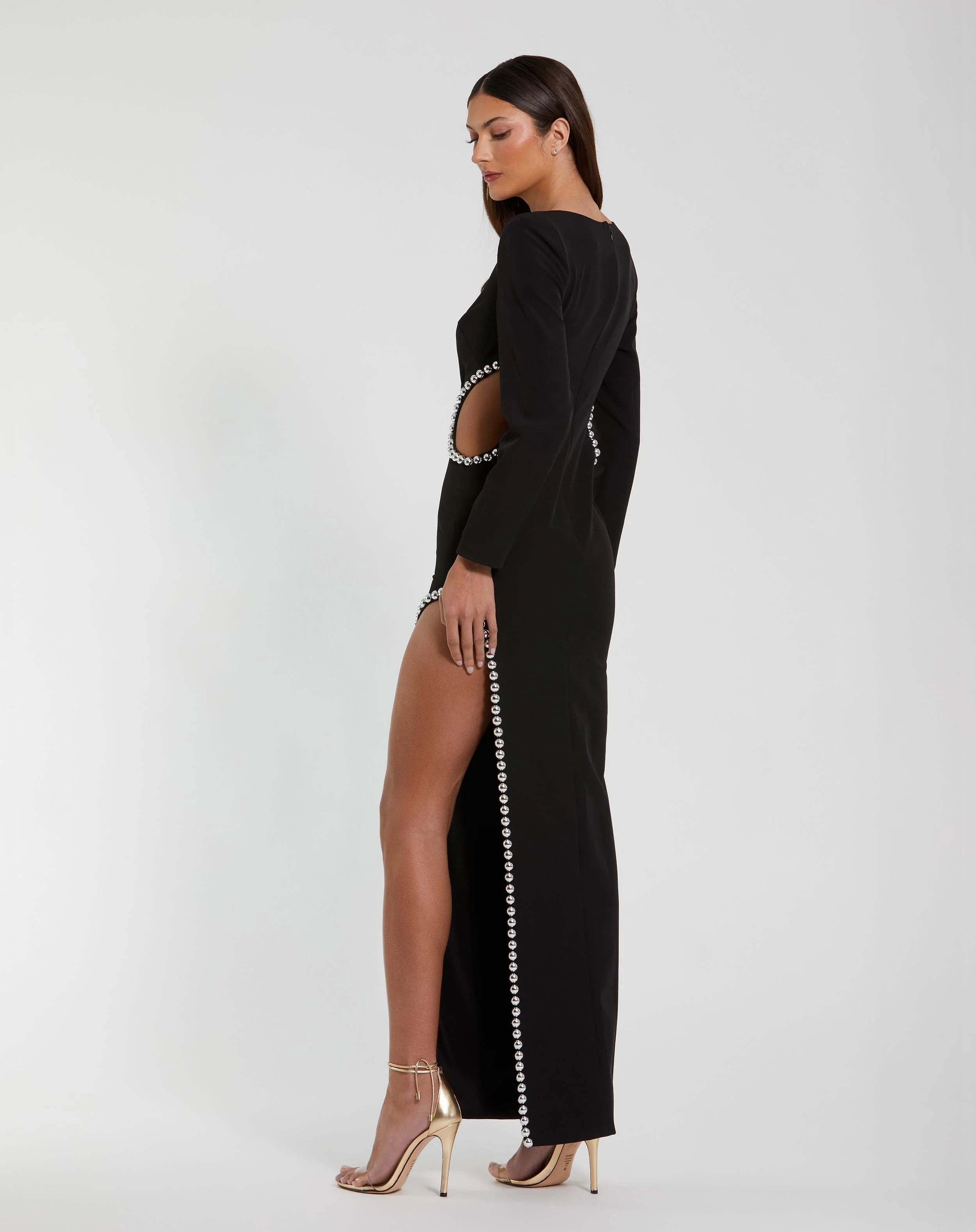 Black Crepe Long Sleeve Gown With Beaded Cut Outs
