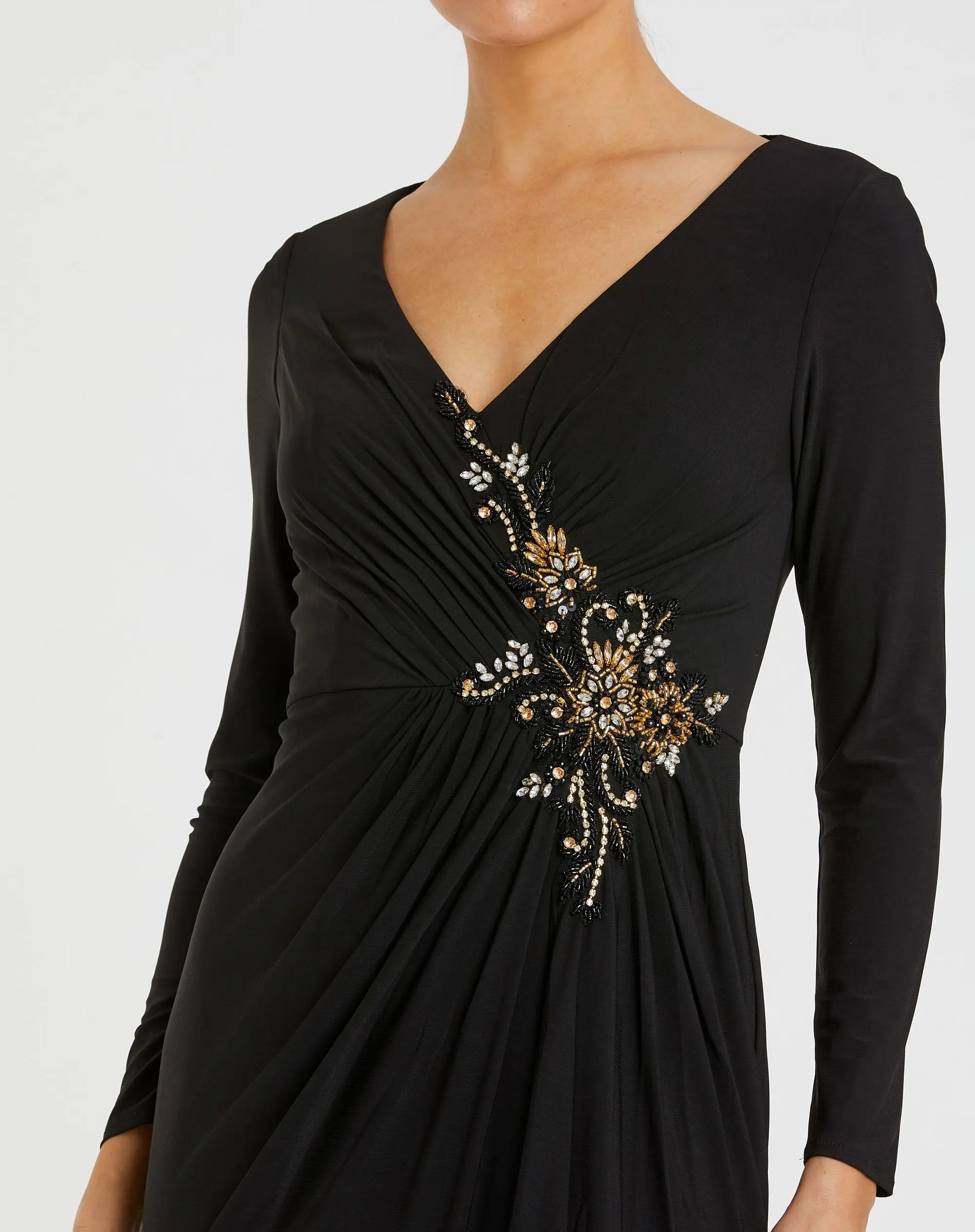 Black Faux Wrap Long Sleeve Gown w/ Appliqué Detail