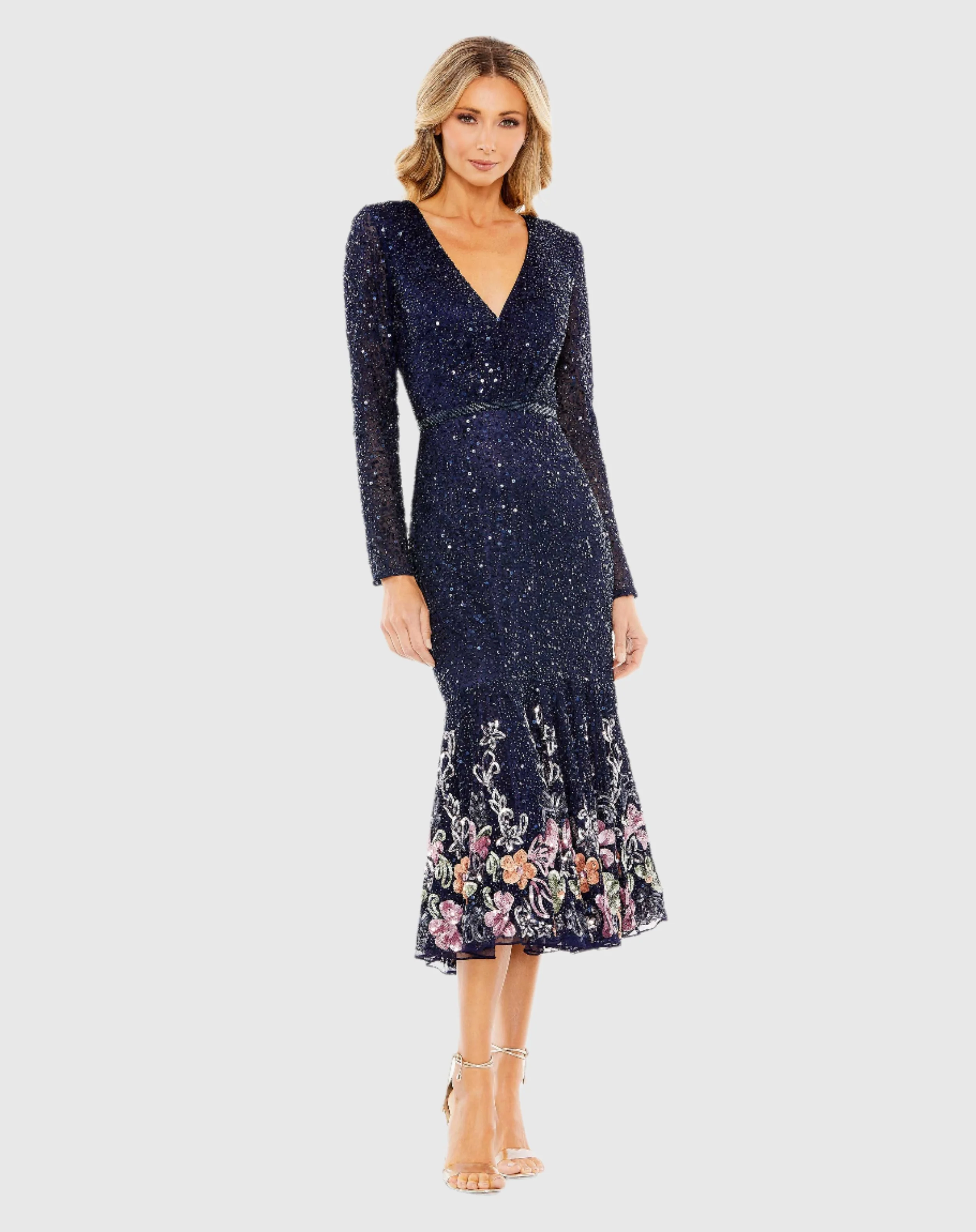 Navy Multicolor Faux Wrap Long Sleeve Tea Length Dress