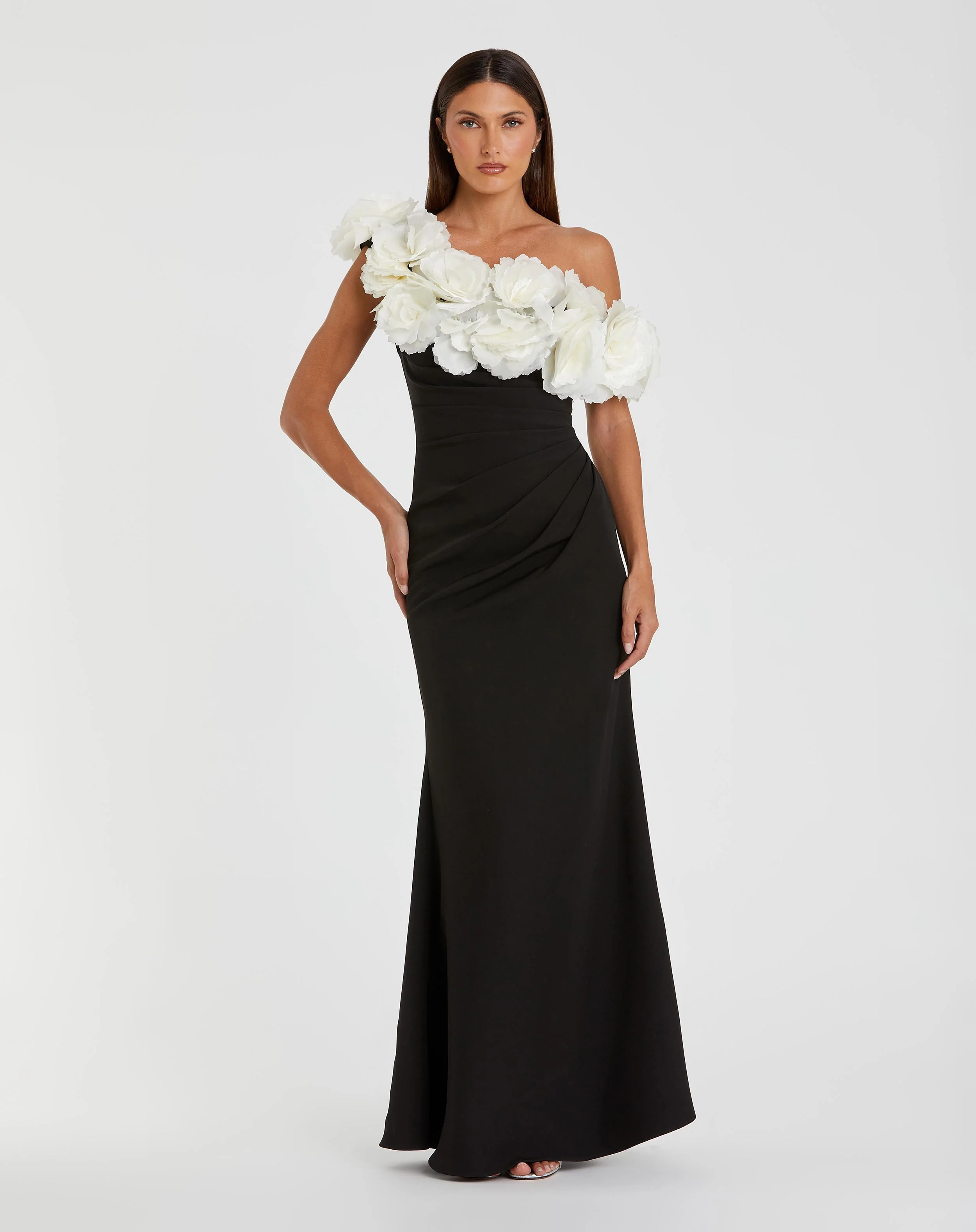 Black and White Jersey Gown With 3D Flower Off The Shoulder Detail