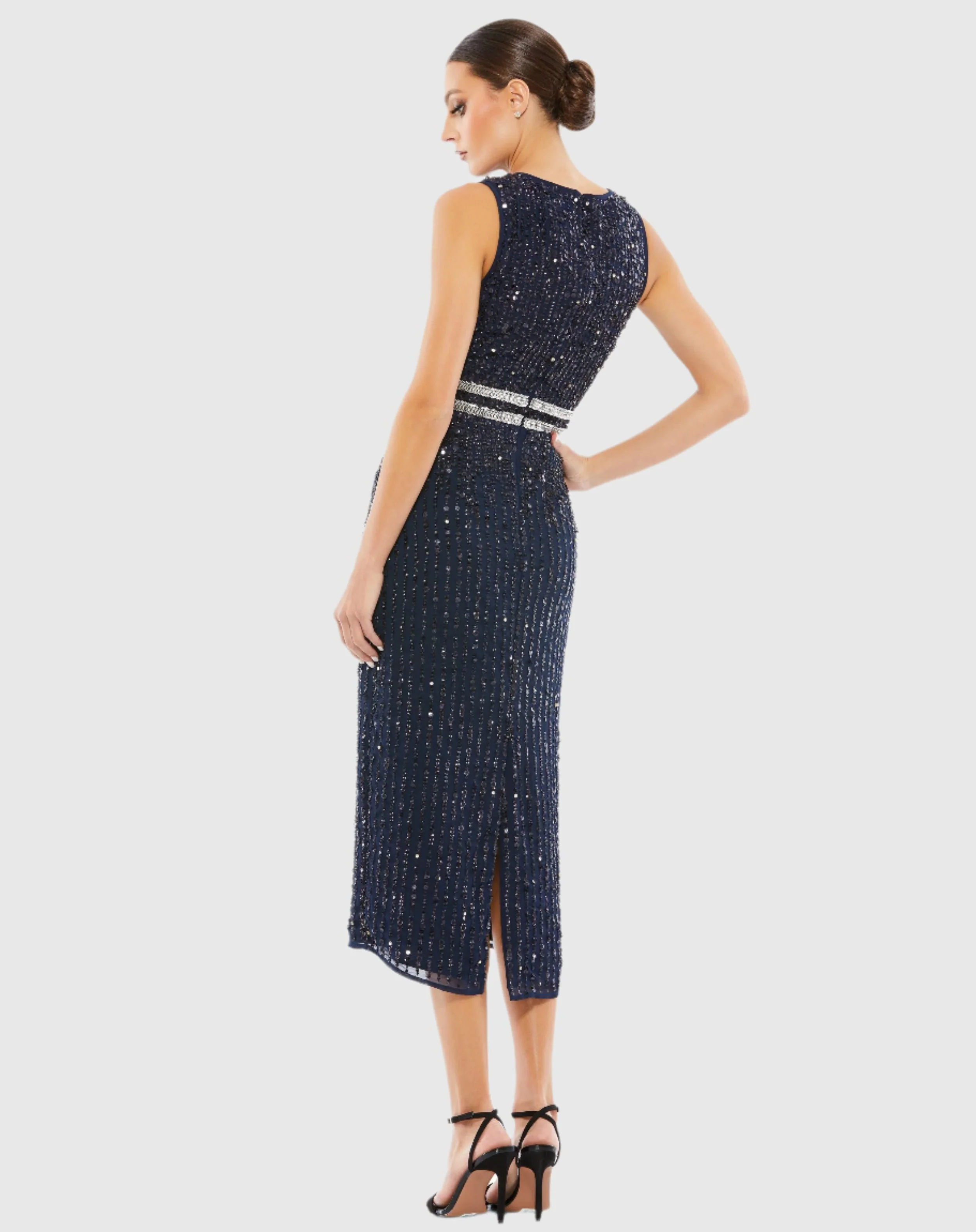 Navy Sleeveless High Neck Beaded Midi Sheath Dress
