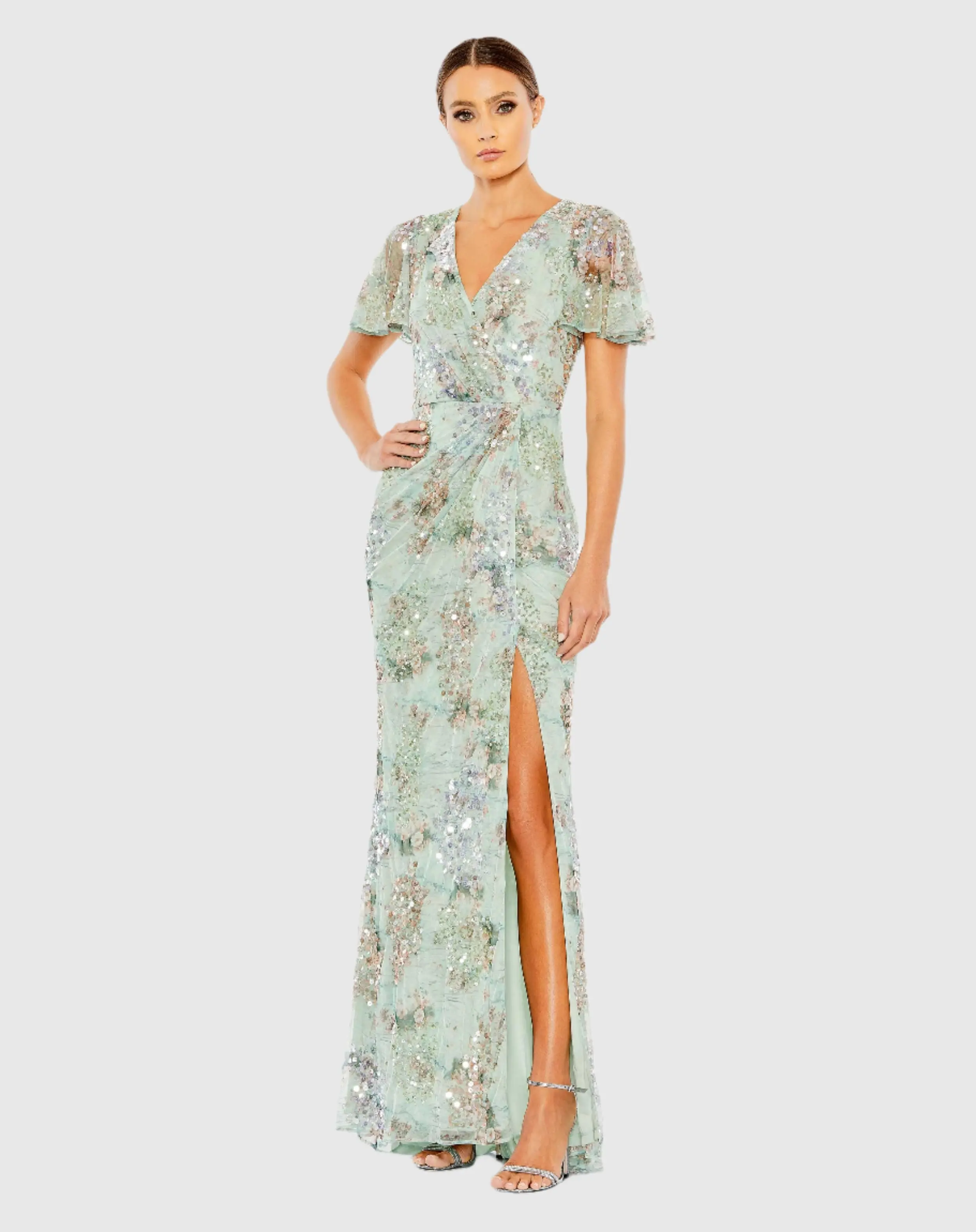 Green Embellished Butterfly Sleeve Faux Wrap Gown