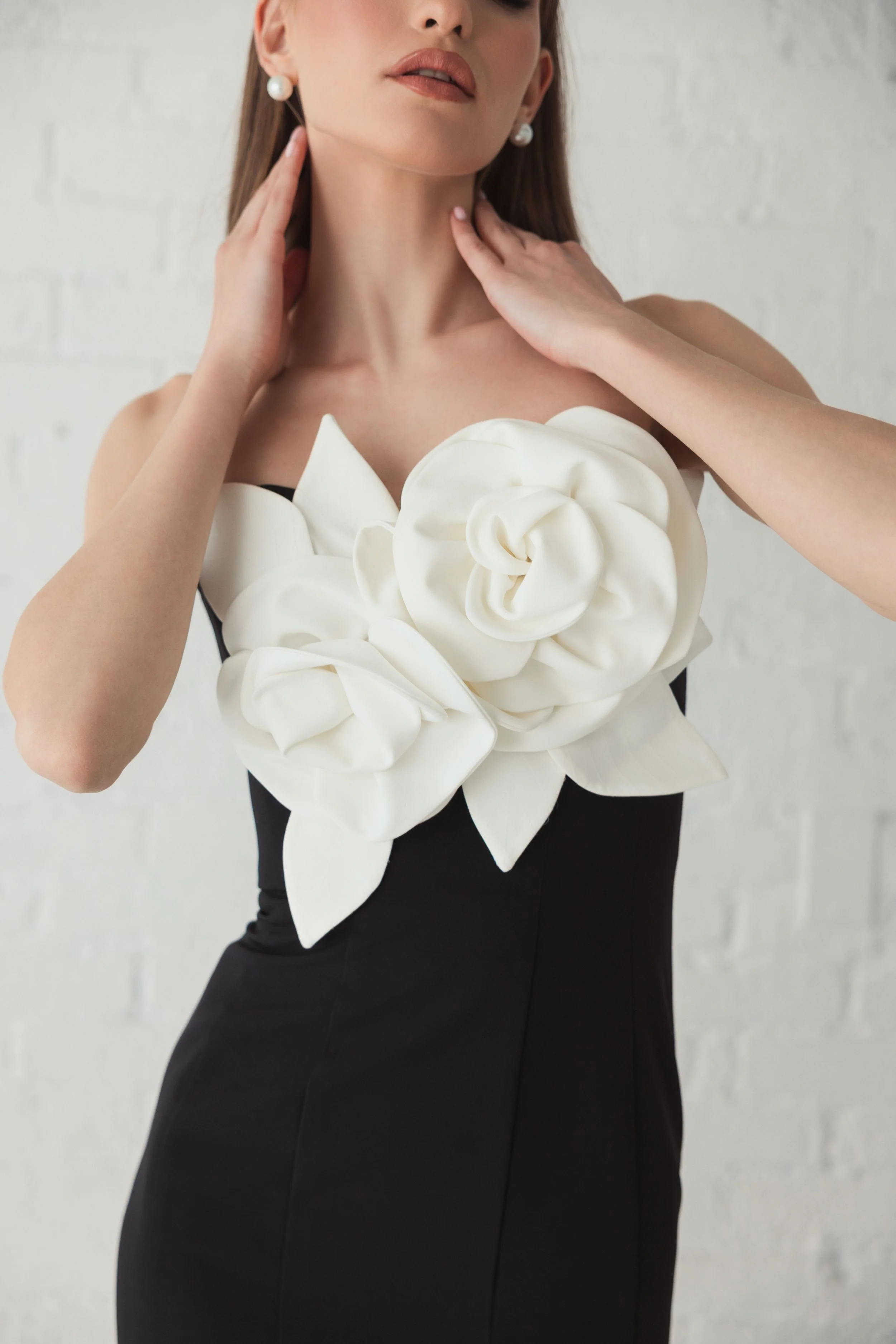 Black Strapless Crepe Mermaid Gown With 3D Flowers