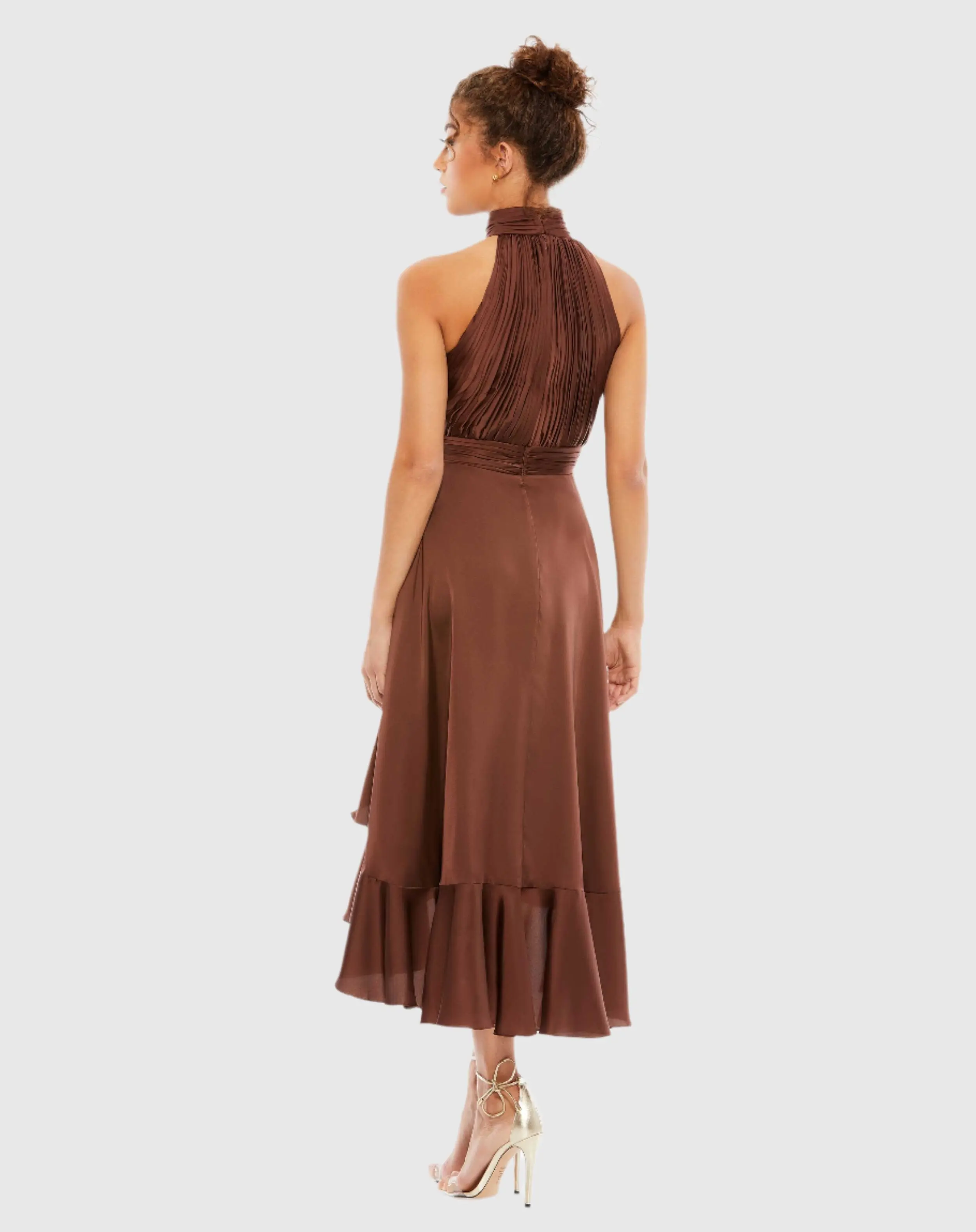 Brown Halter Neck Flower Detail Ruffled Midi Dress