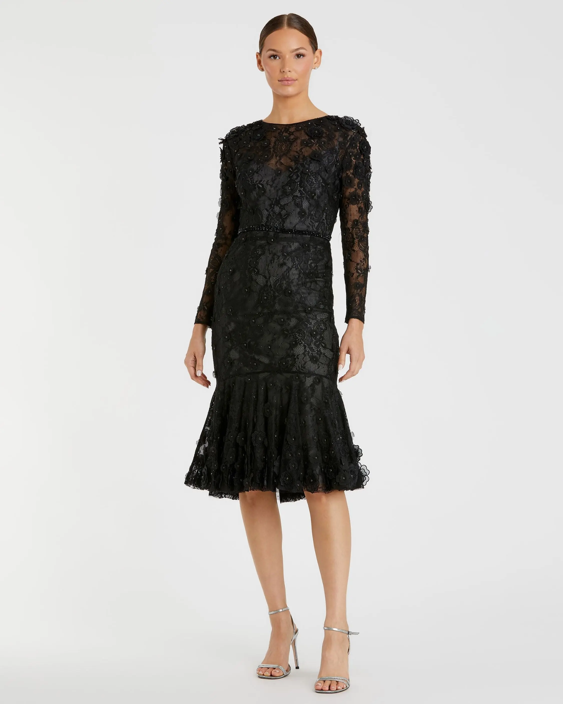 Black Floral Appliqué Long Sleeve Cocktail Dress