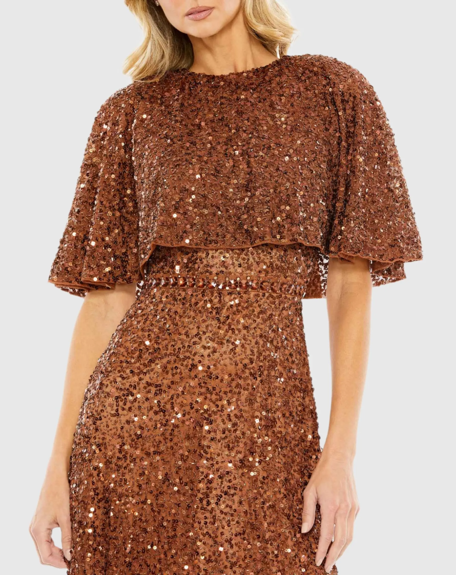 Brown Embellished Cape High Neck Midi Dress
