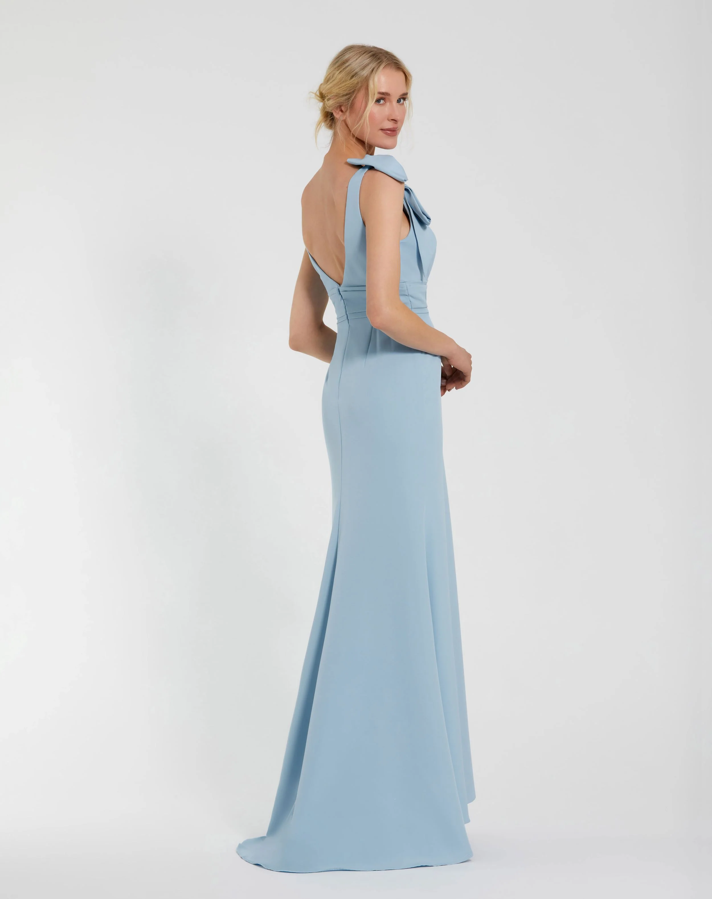 Blue Sleeveless V Neck Bow Detail Mermaid Gown