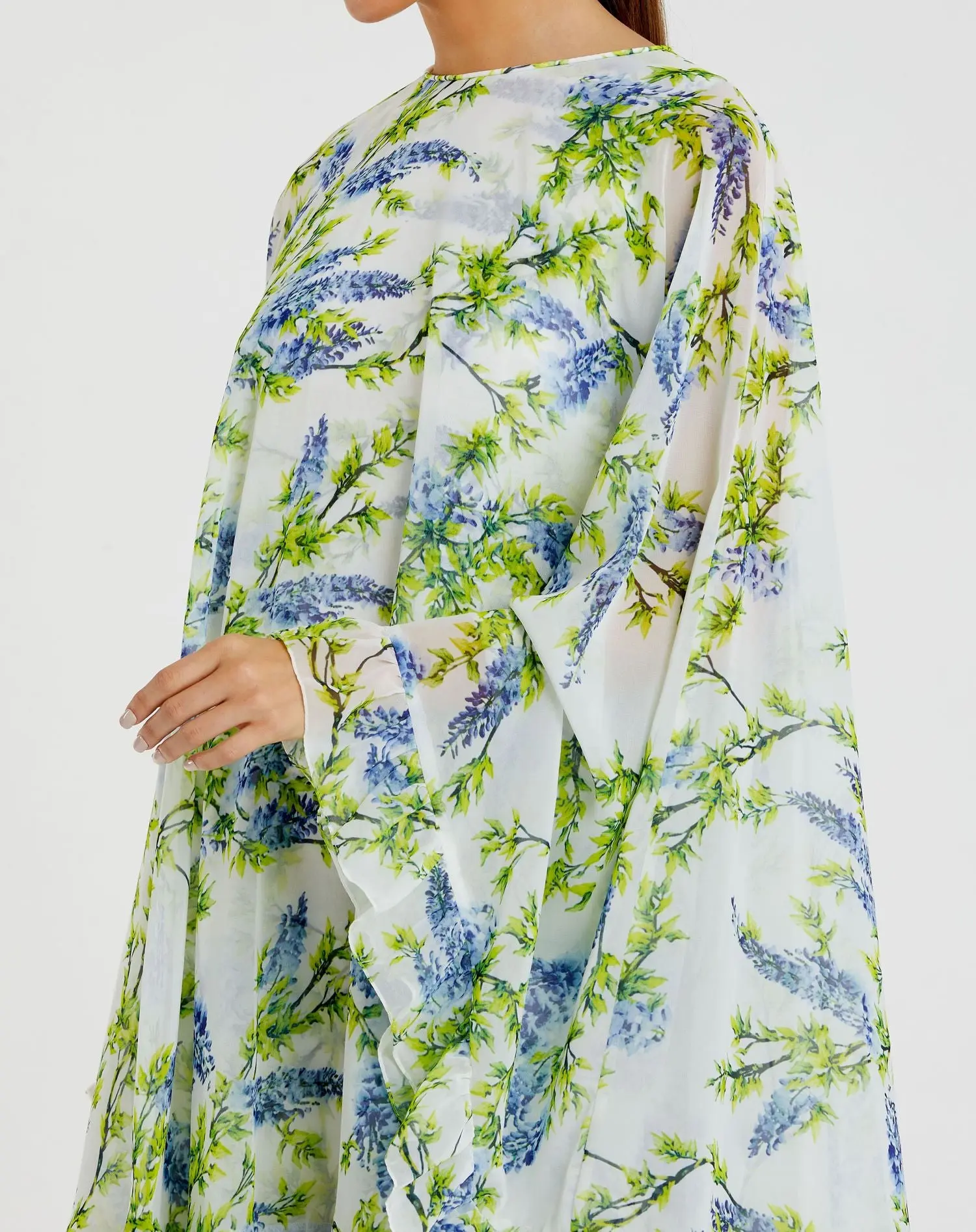 Multicolor Floral Print High Neck Ruffle Hem Cape Mini Dress