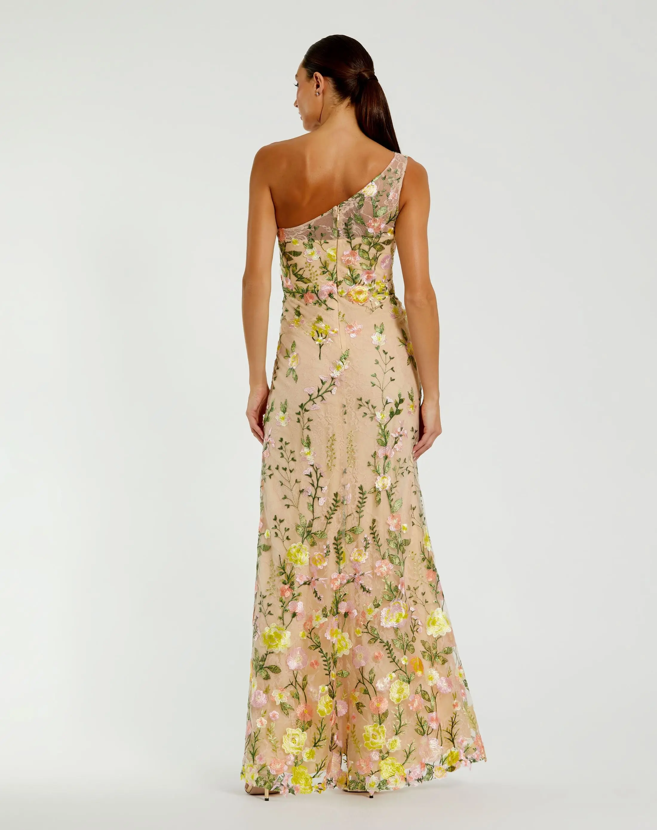 Beige One Shoulder Floral Embroidered Gown