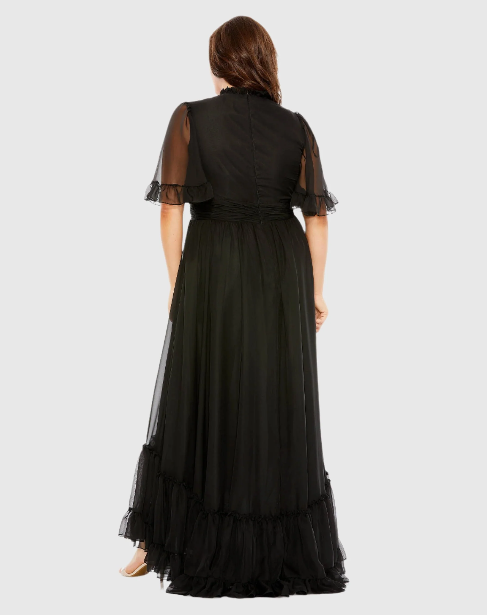 Black Ruffle Tiered High Low Flutter Sleeve Gown