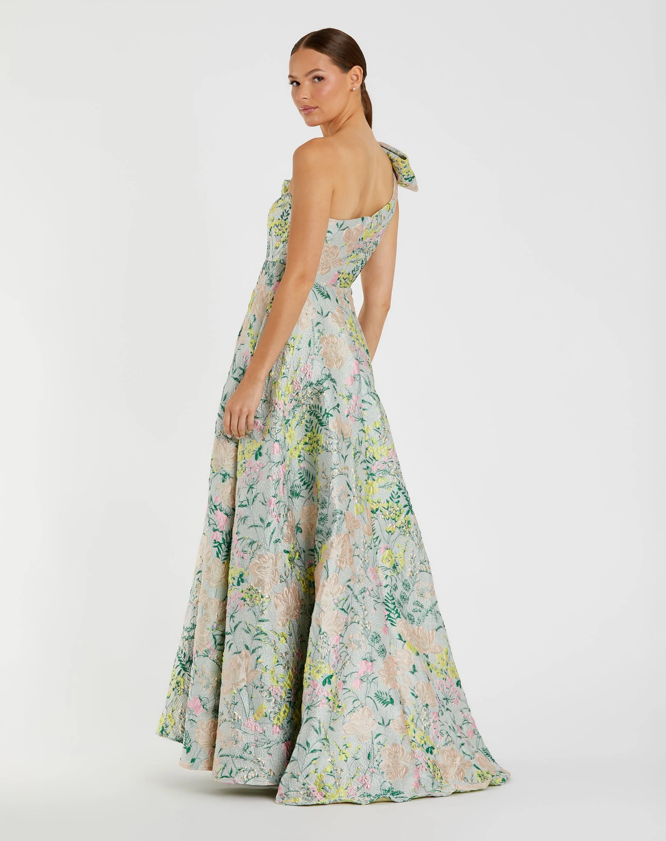 Multicolor One Shoulder Brocade Floral Dress With Bow