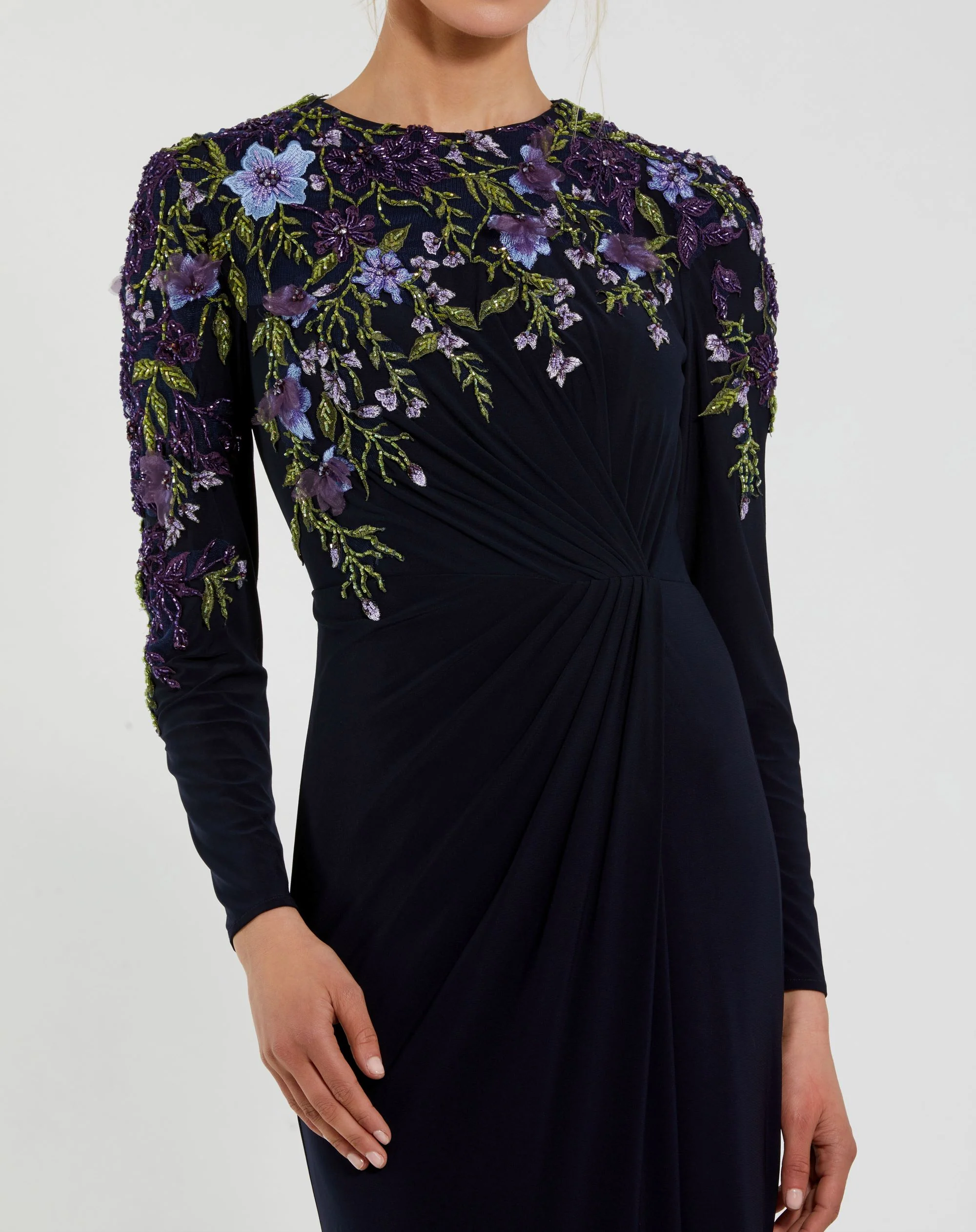 Navy Embellished Long Sleeve Fitted Jersey Gown