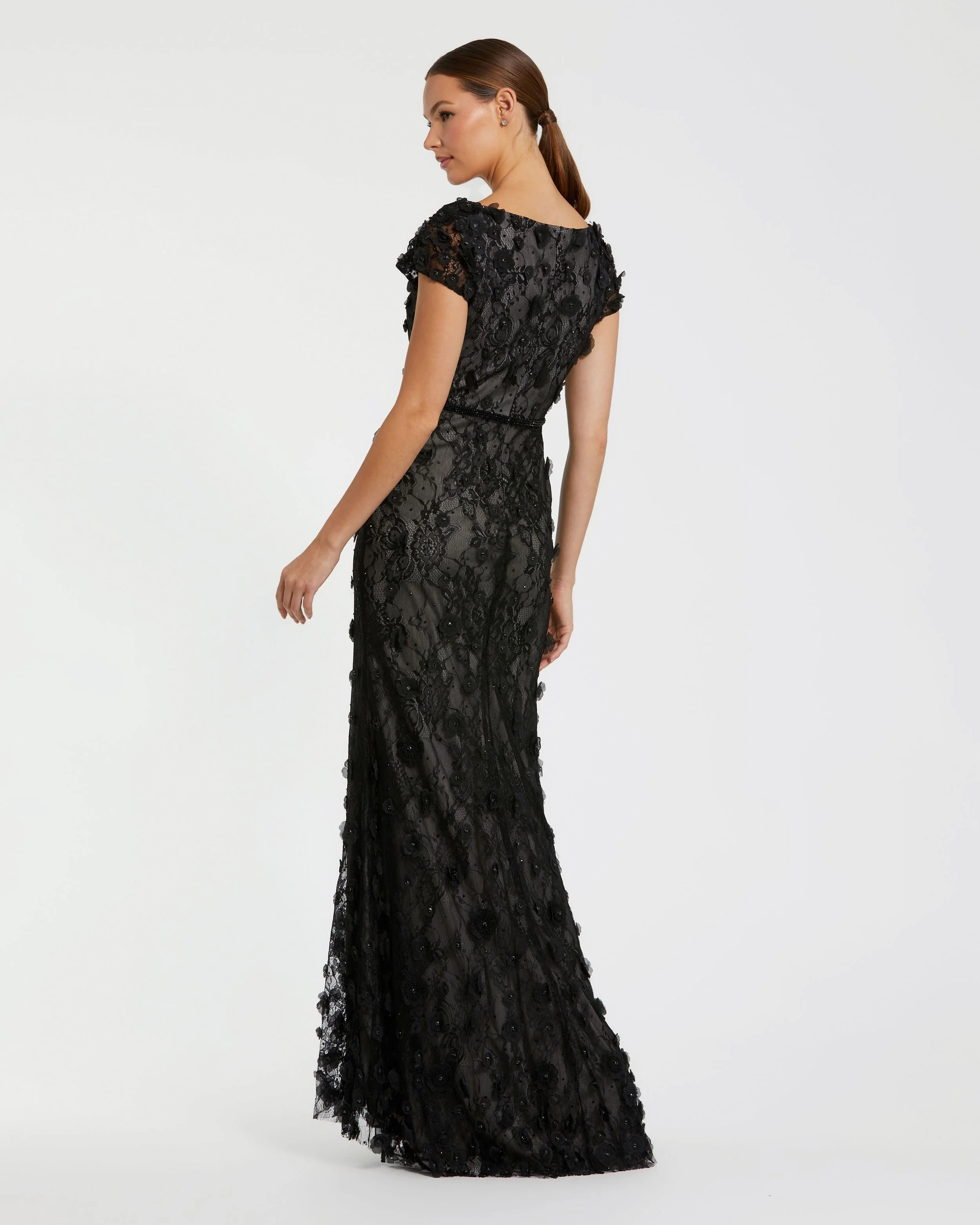 Black Floral Applique Boat Neck Cap Sleeve Gown