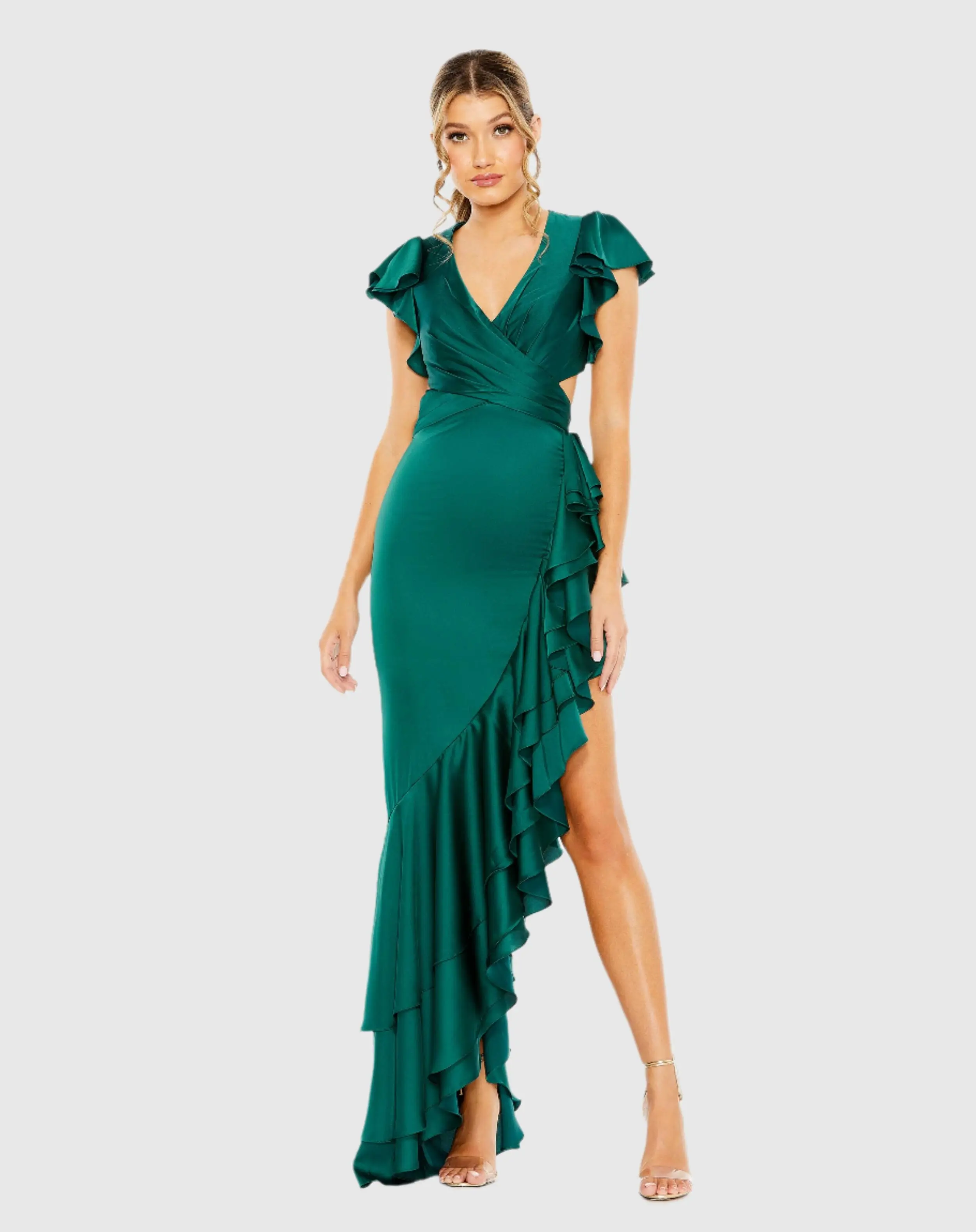 Green Flutter Sleeve Cut Out Asymmetrical Ruffled Dress