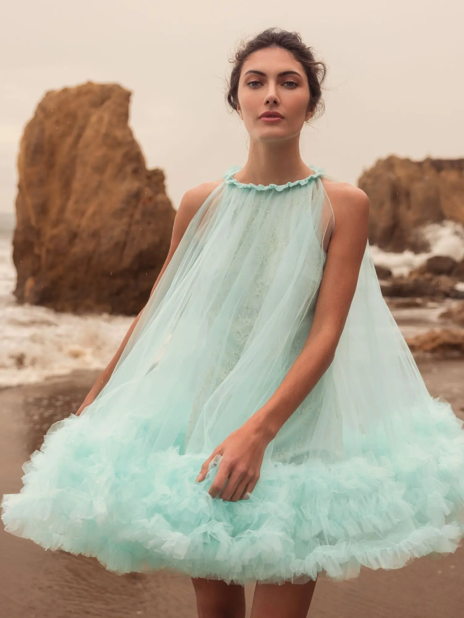 Green High Neck Gathered Tulle A-Line Swing Dress