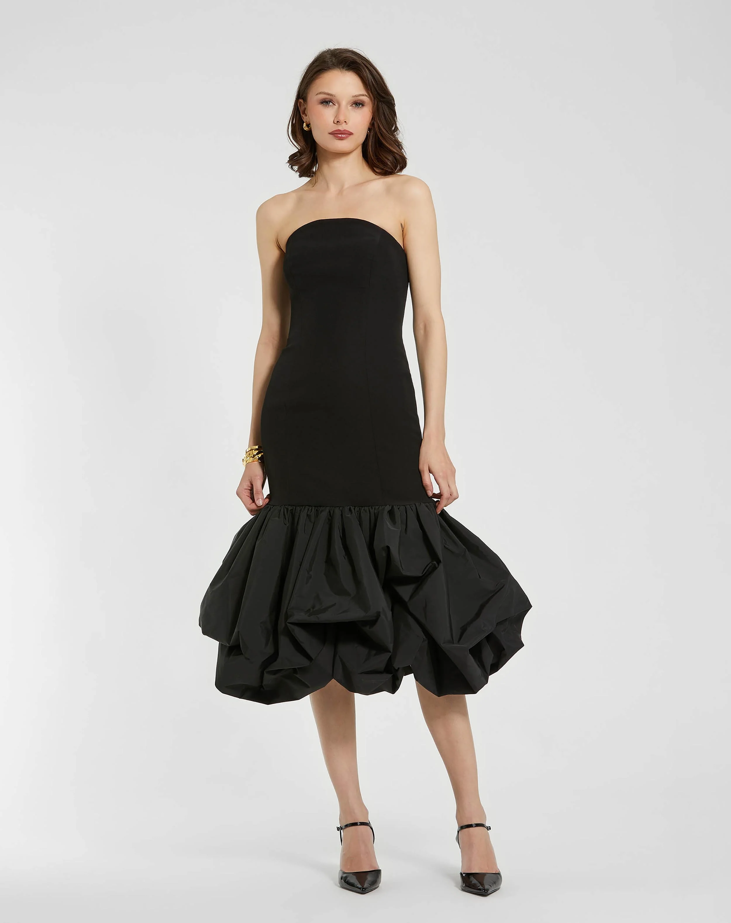 Black Strapless Crepe Midi Dress With Bubble Hem