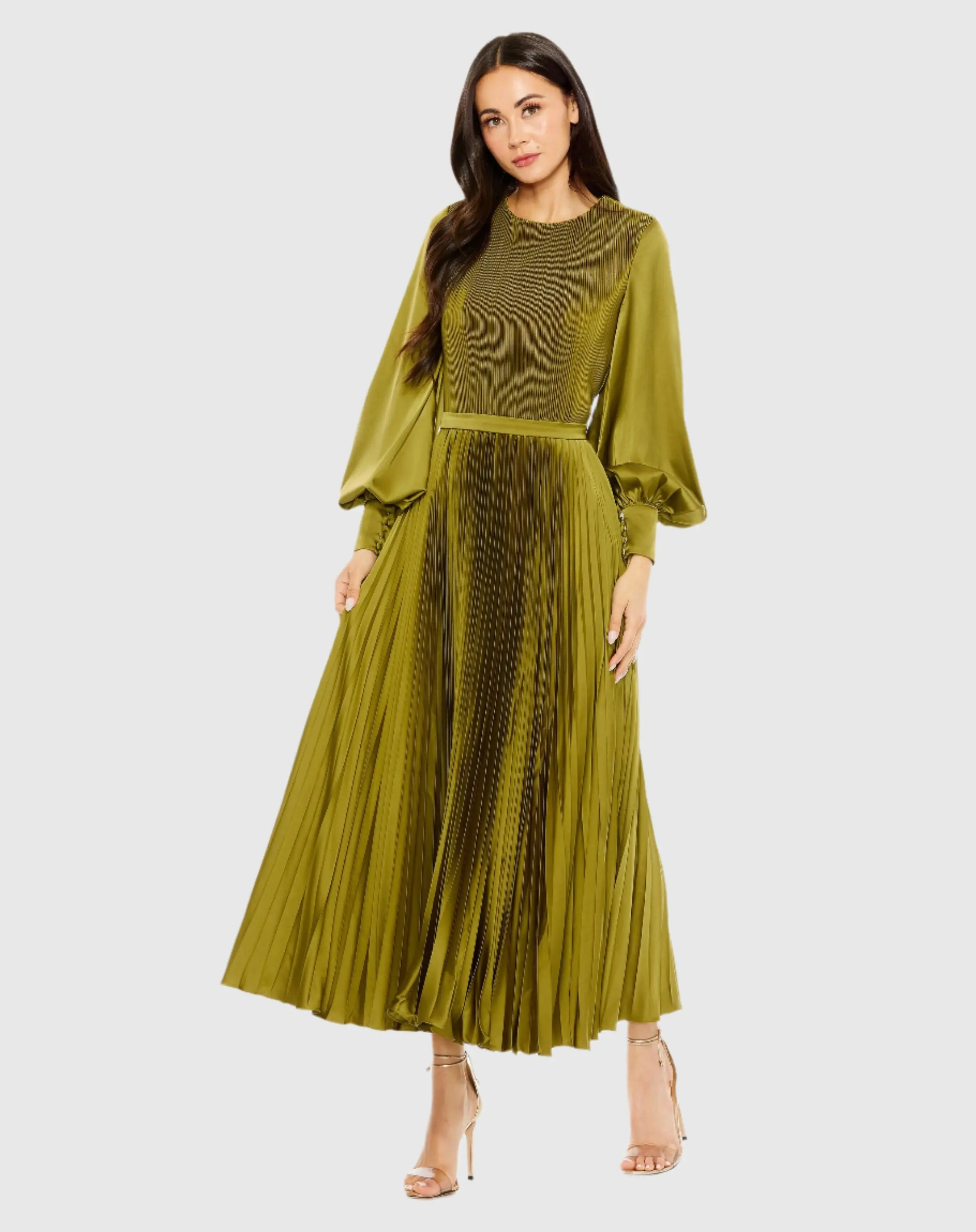 Green Long Sleeve High Neck Heat Pleated Dress