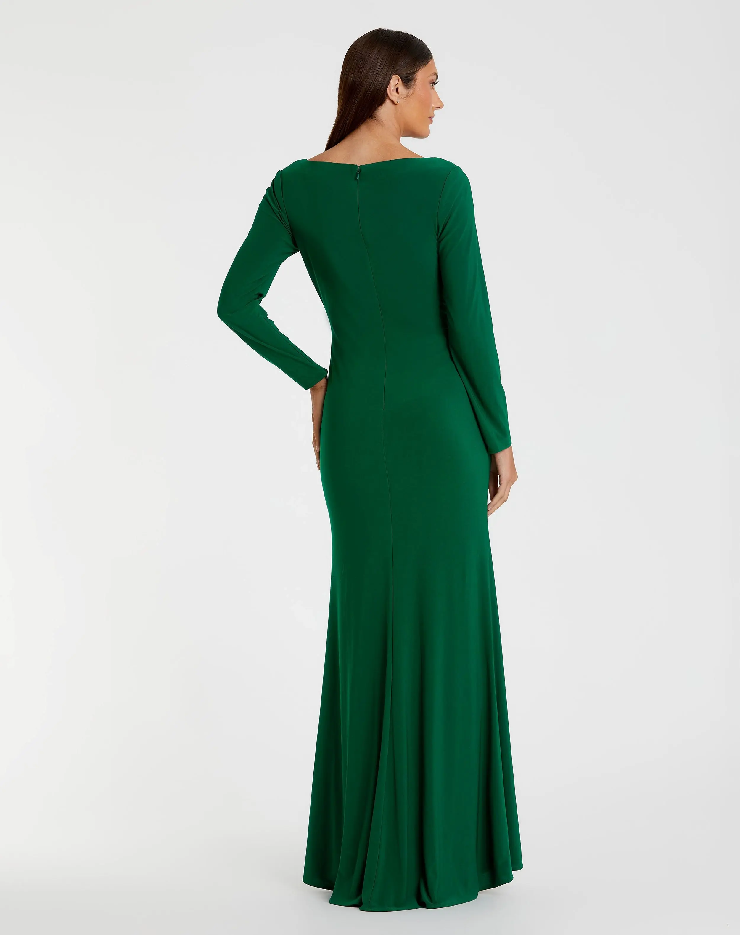 Green Long Sleeve Ruched Jersey V-Neck Gown