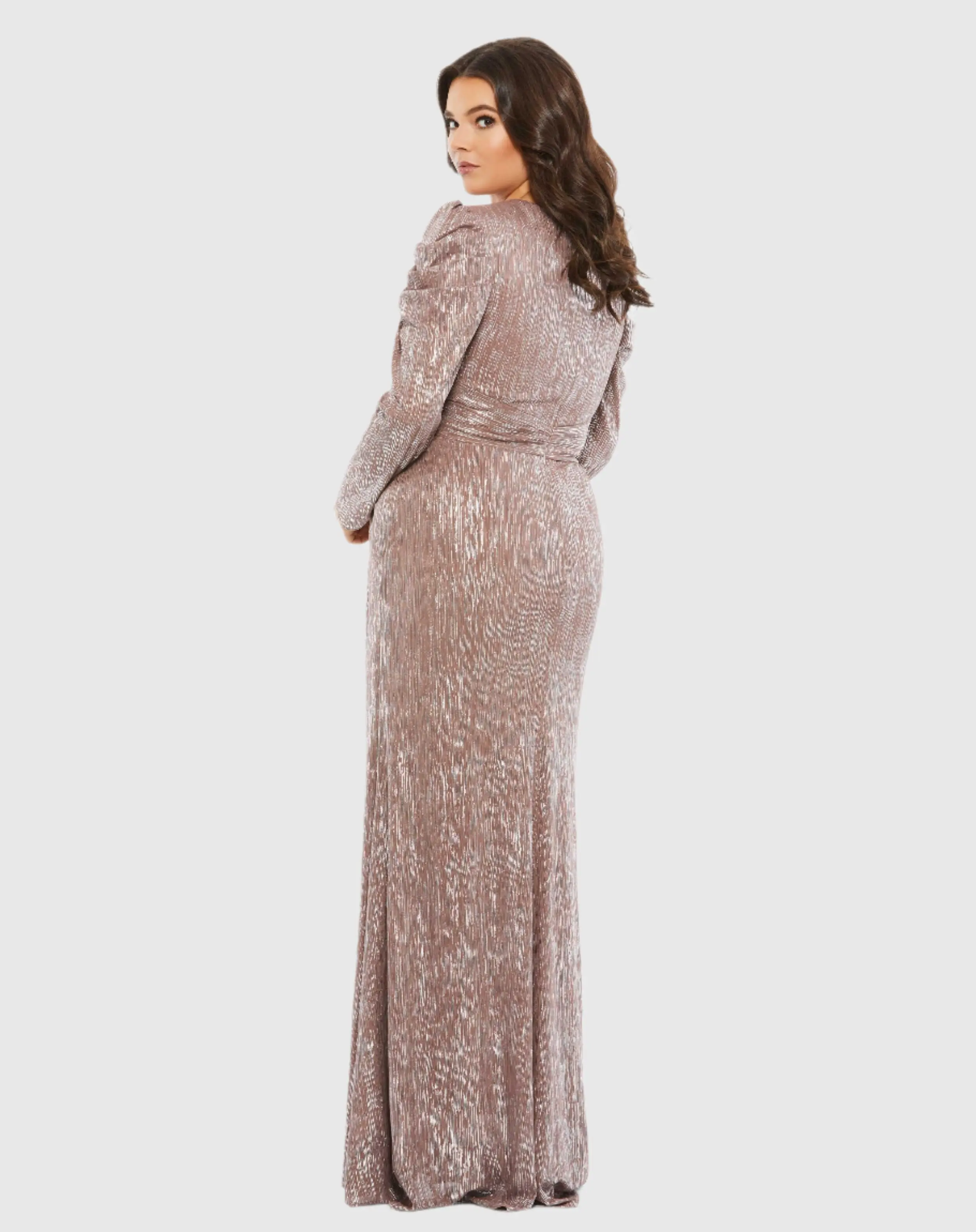 Brown Faux Wrap Draped Puff Sleeve Gown (Plus)