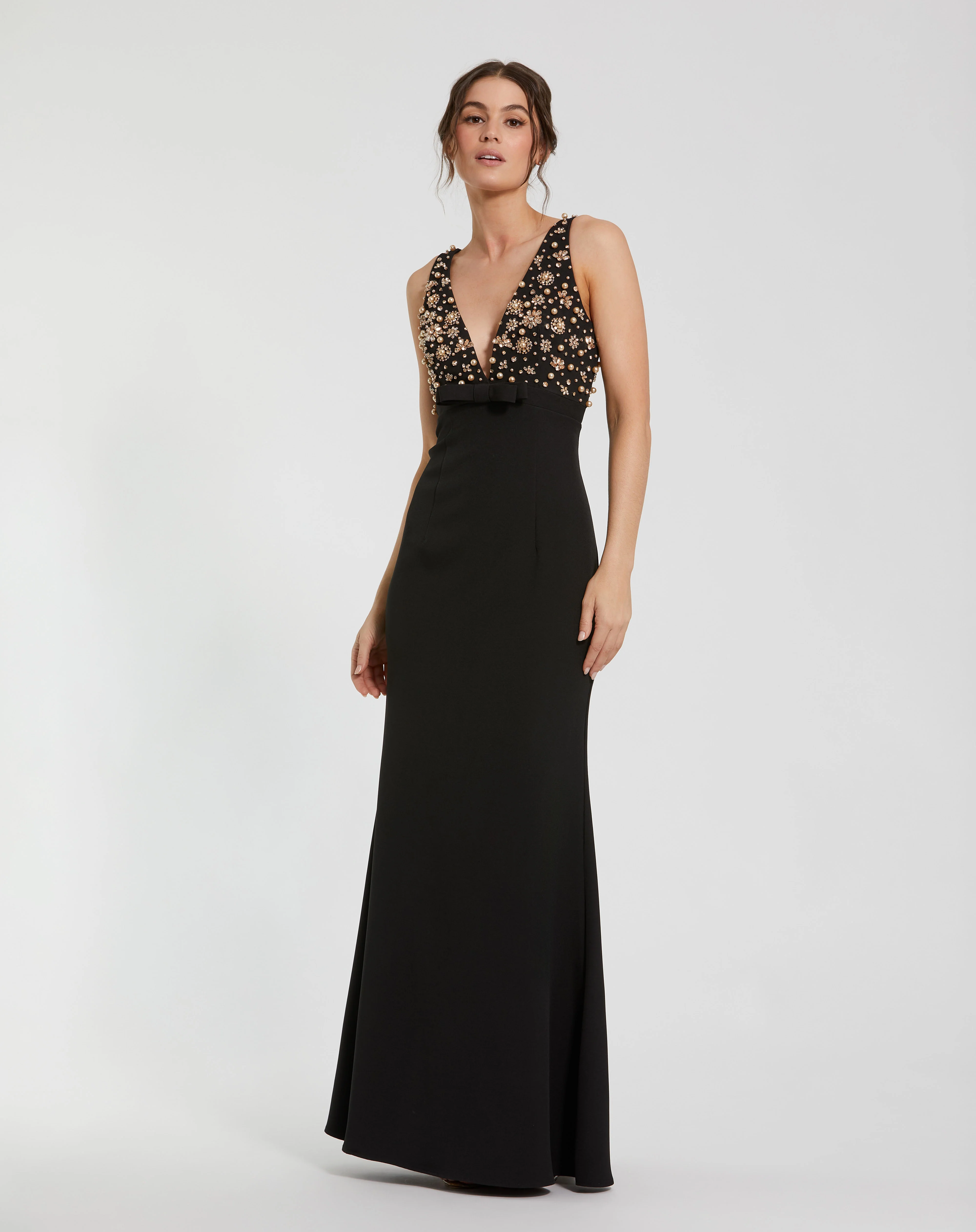 Black Crepe Sleeveless Beaded V Neck Gown With Bow