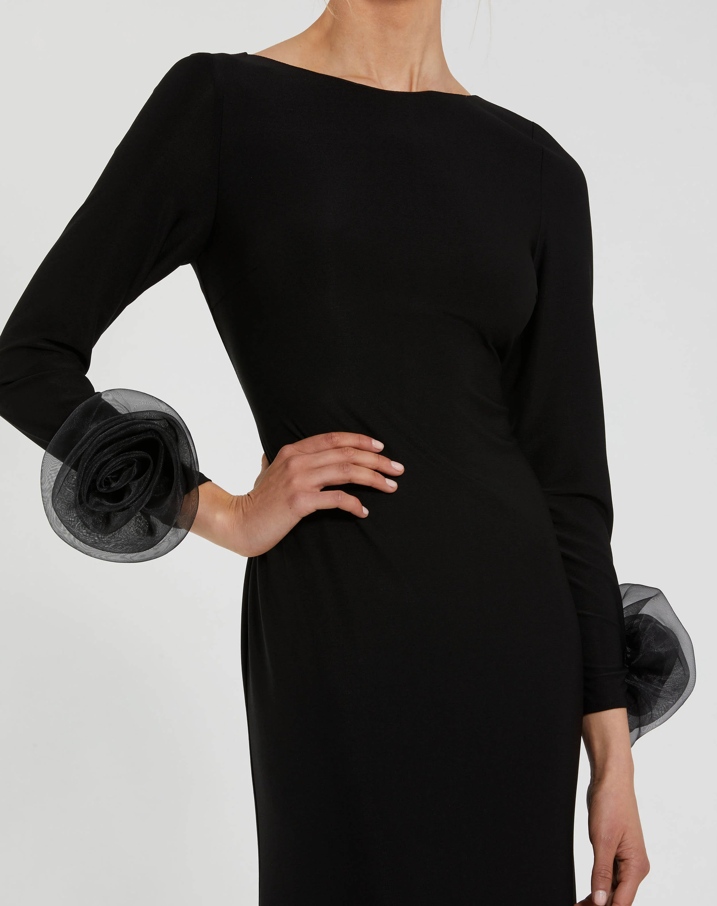 Black Long Sleeve Fitted Jersey Gown With 3D Flowers