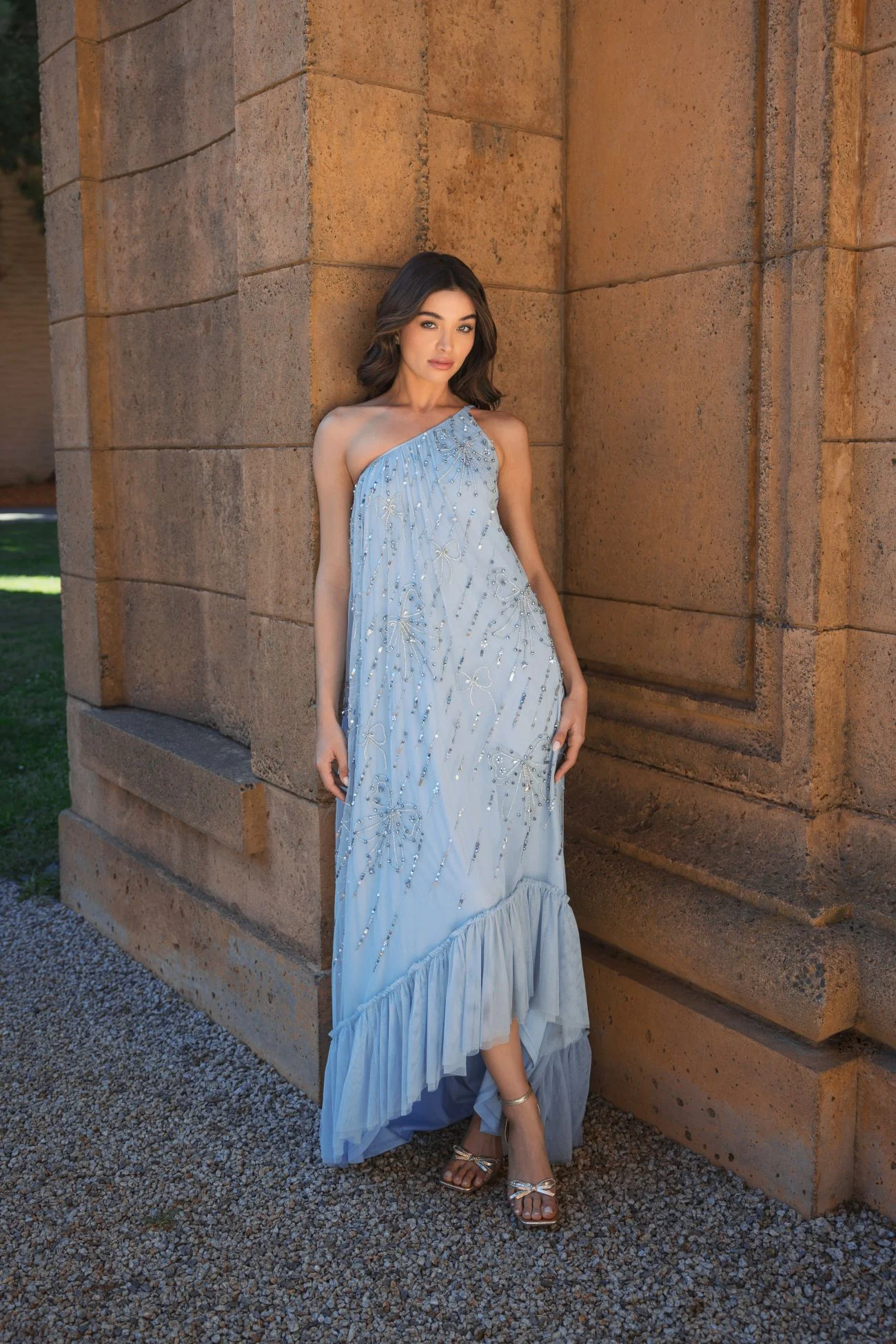 Blue Bow Embellished Mesh One Shoulder High Low Gown