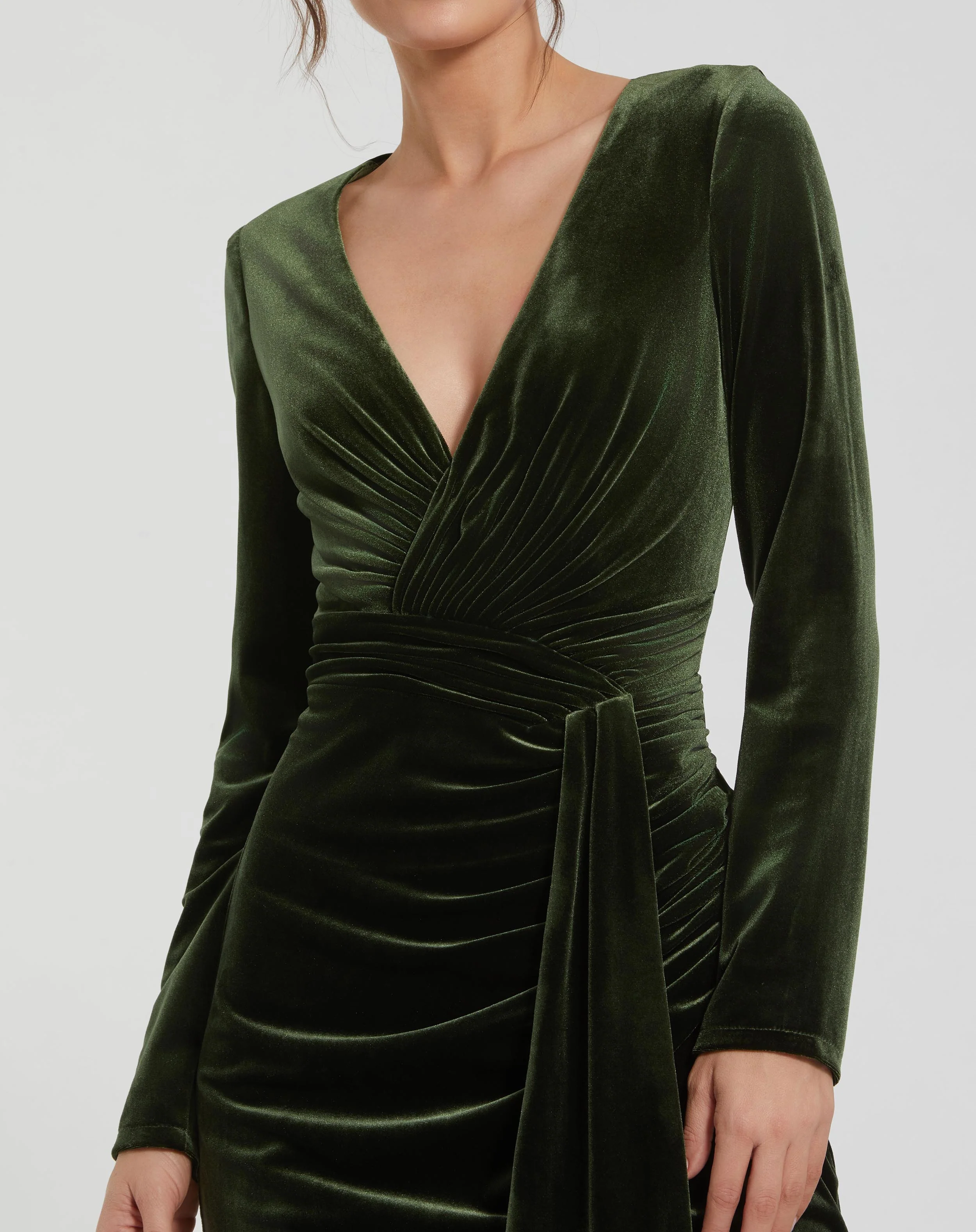 Green Long Sleeve Deep V Draped Velvet Gown