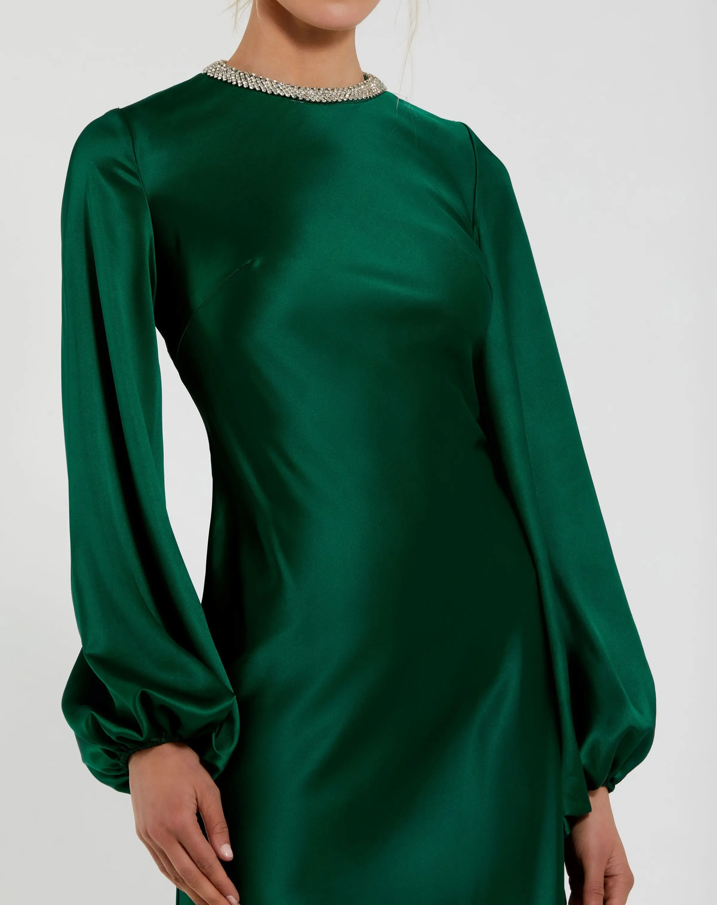Green High Neck Long Sleeve Crystal Detail Dress