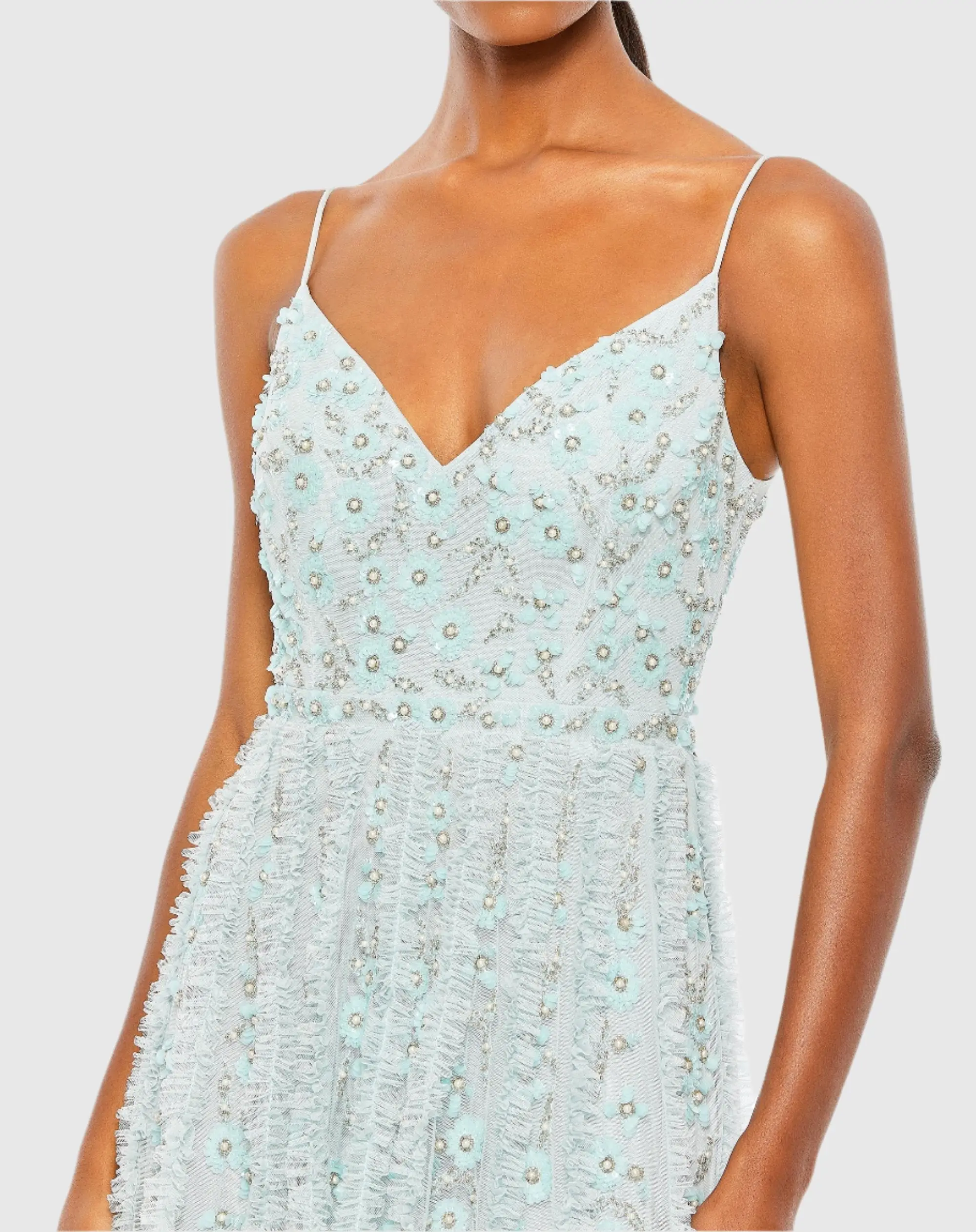 Blue Embellished Ruffled Spaghetti Strap A Line Gown