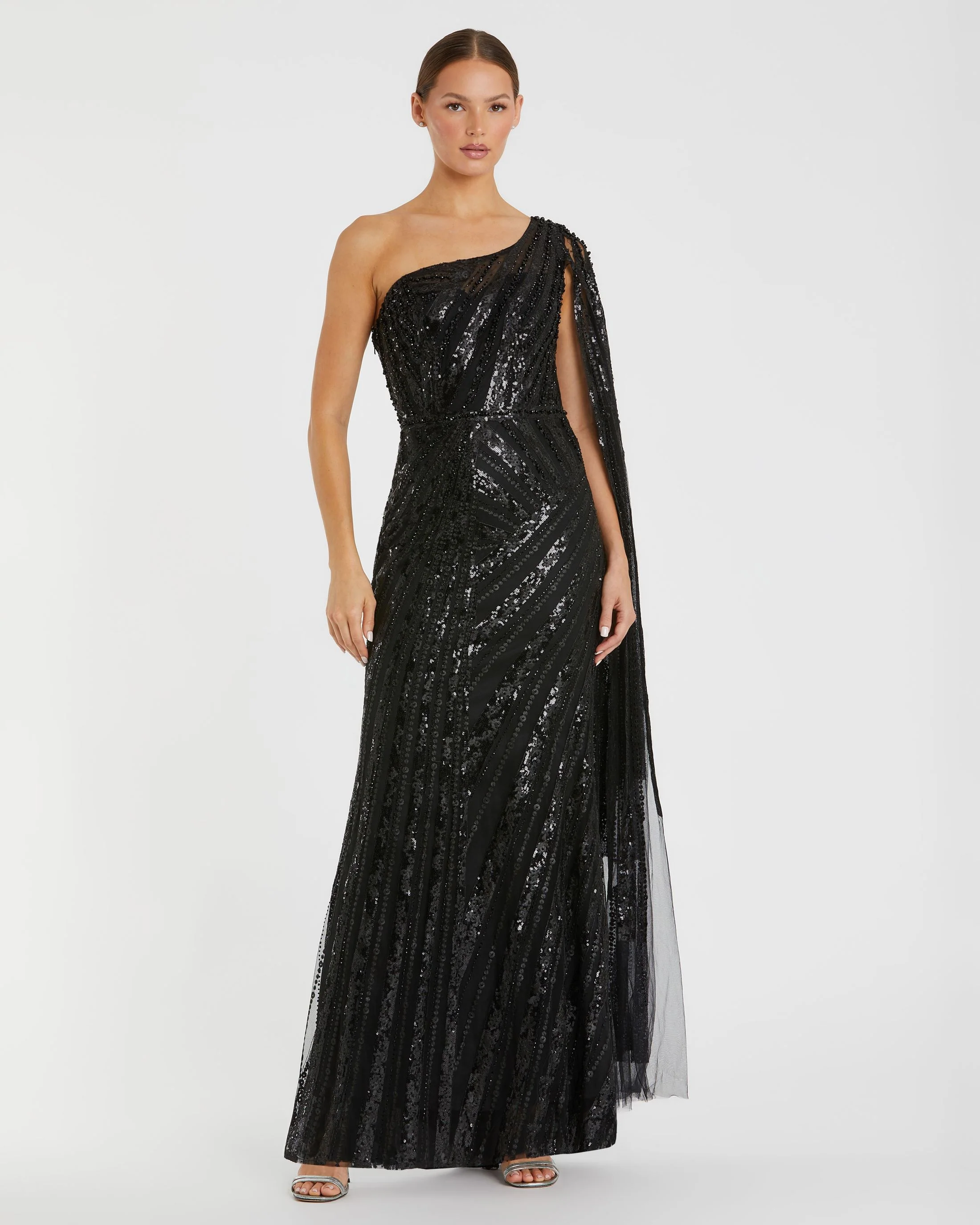 Black One Shoulder Cape Sleeve Embellished Gown