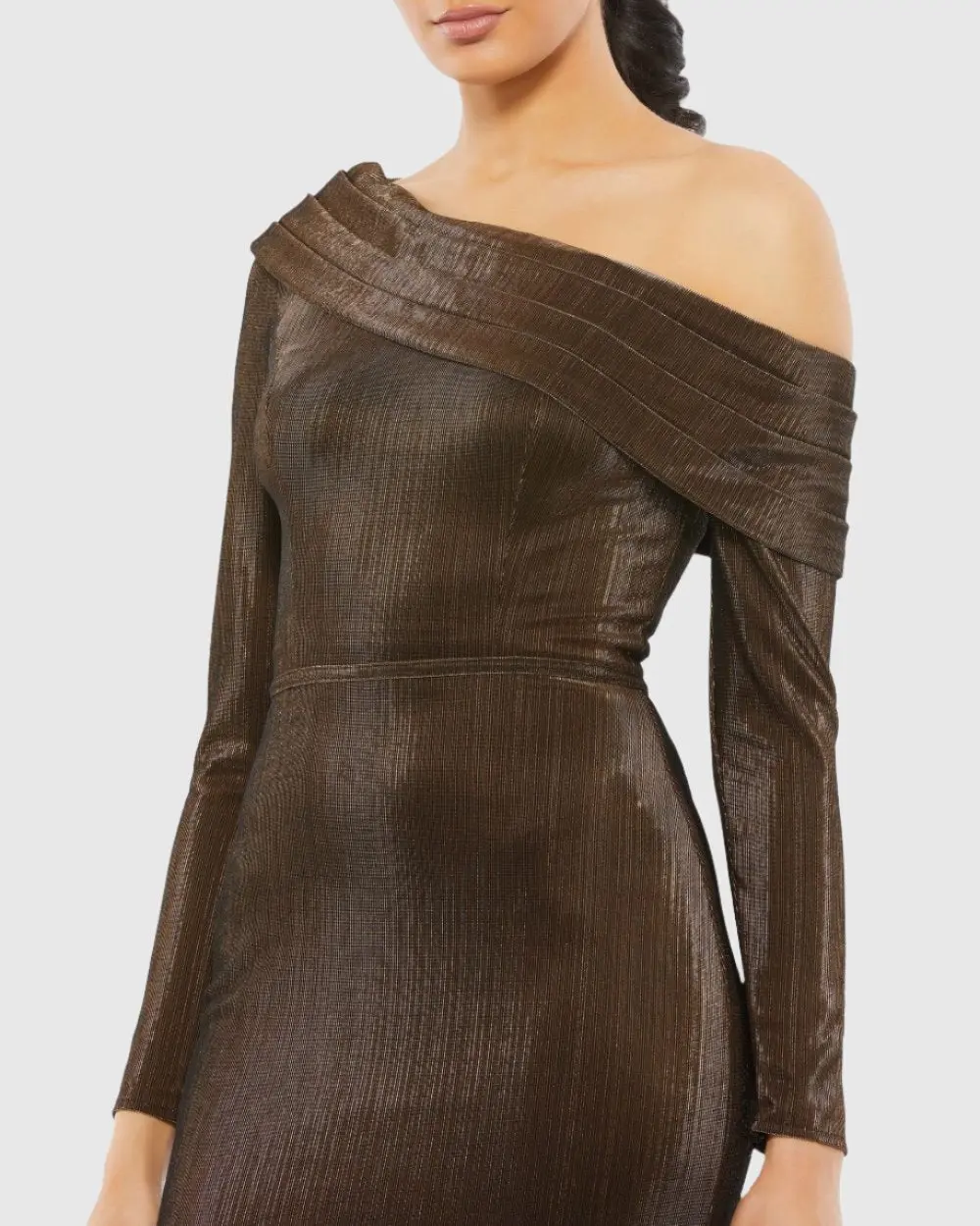 Brown Textured Metallic Off-the-Shoulder Trumpet Gown