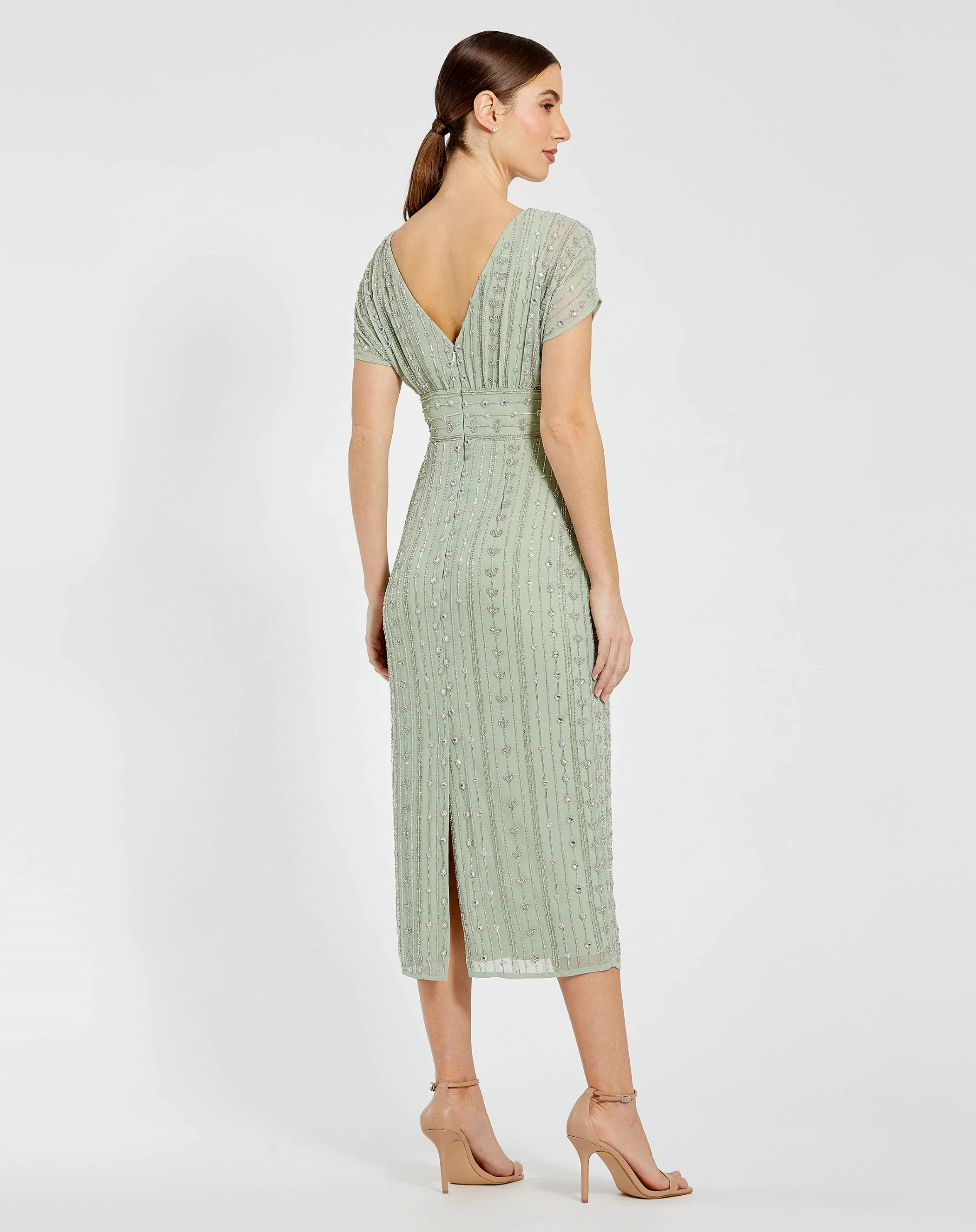 Green Beaded Cap Sleeve Empire Waist Sheath Midi Dress