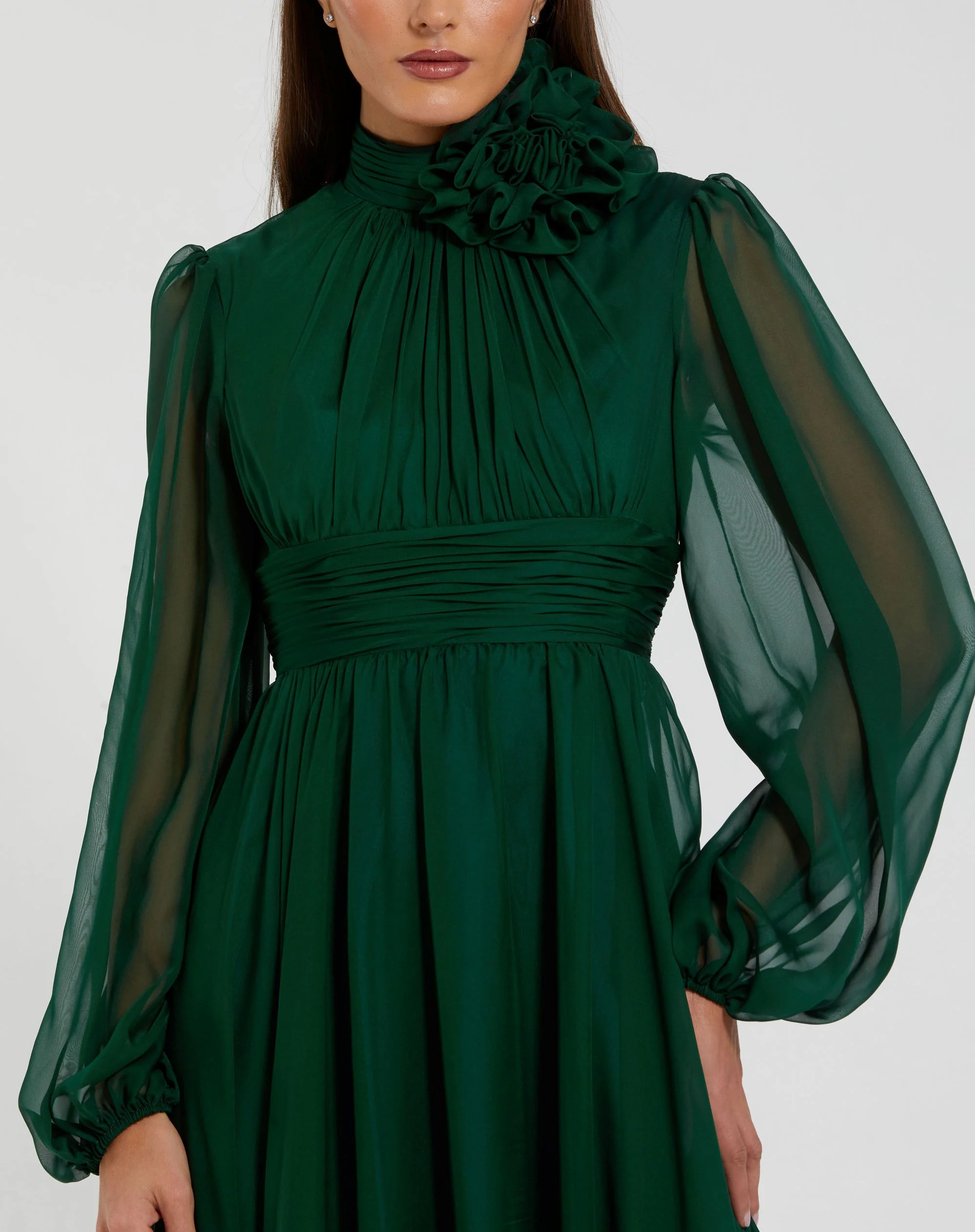 Green High Low Long Sleeve Chiffon Gown With 3D Flower