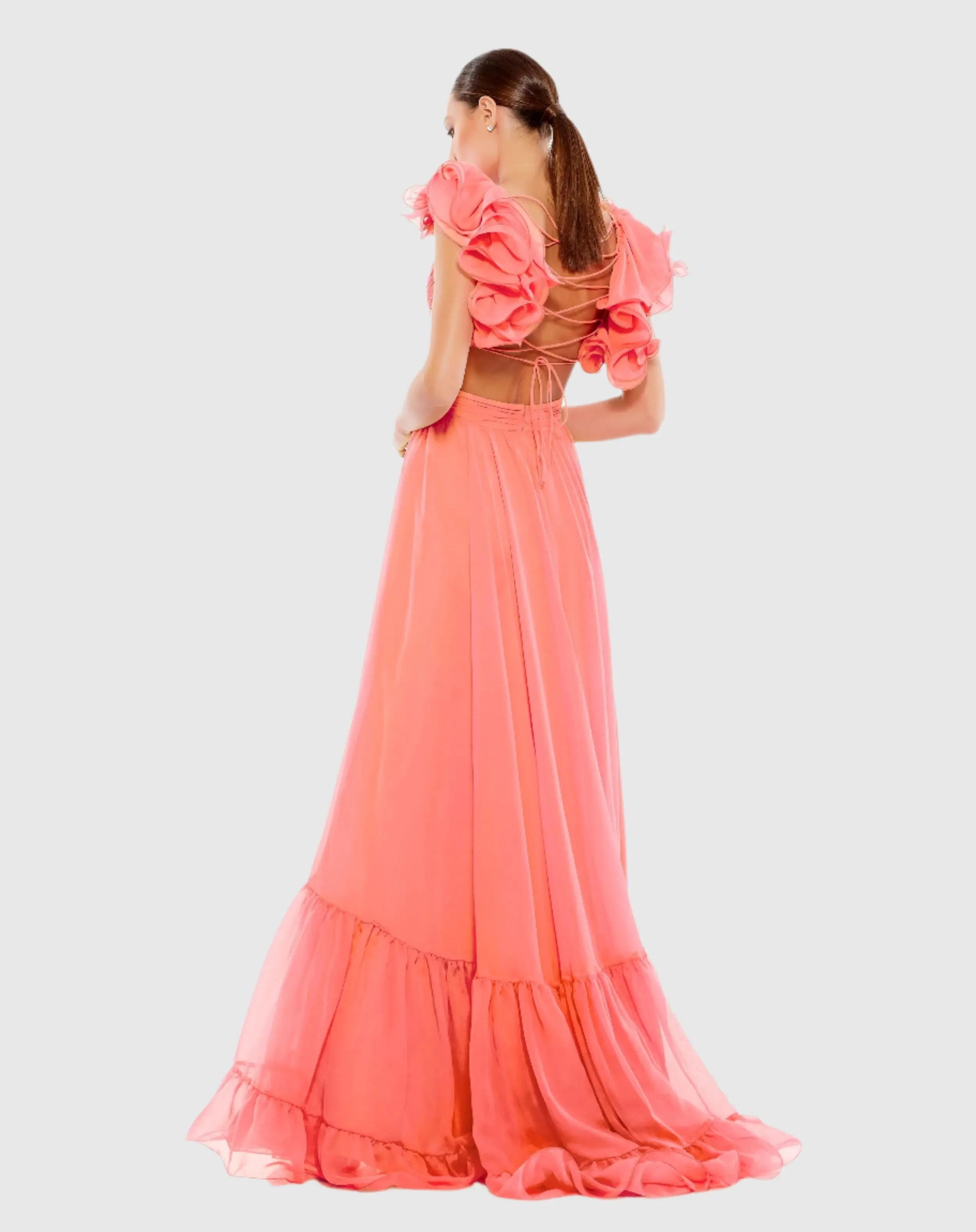 Ruffle Tiered Cut-Out Chiffon Gown