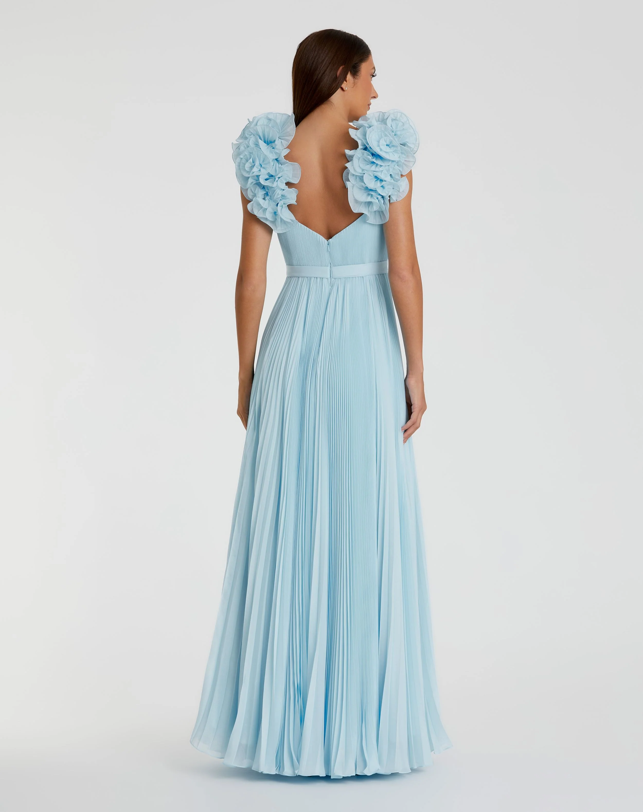 Blue Pleated Organza Gown With Ruffle Straps