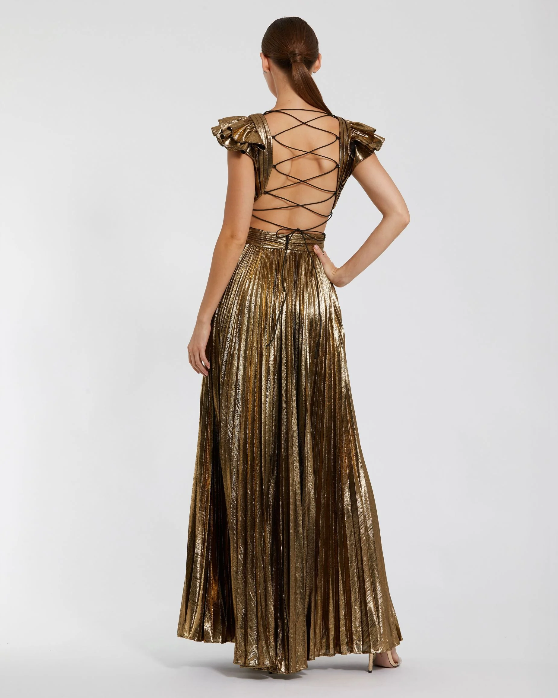 Gold Ruffle Sleeve Cutout Pleated Metallic Gown