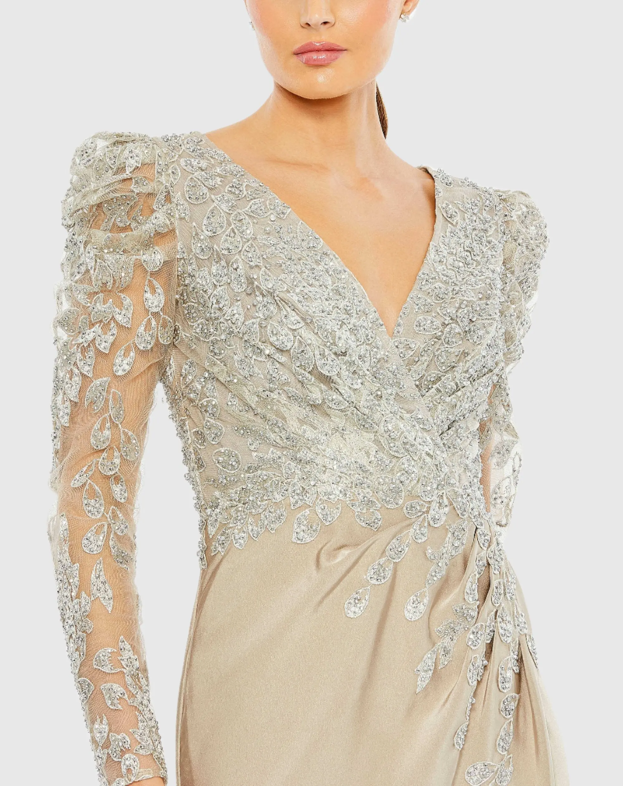 Beige Embellished Faux Wrap Illusion Puff Sleeve Gown