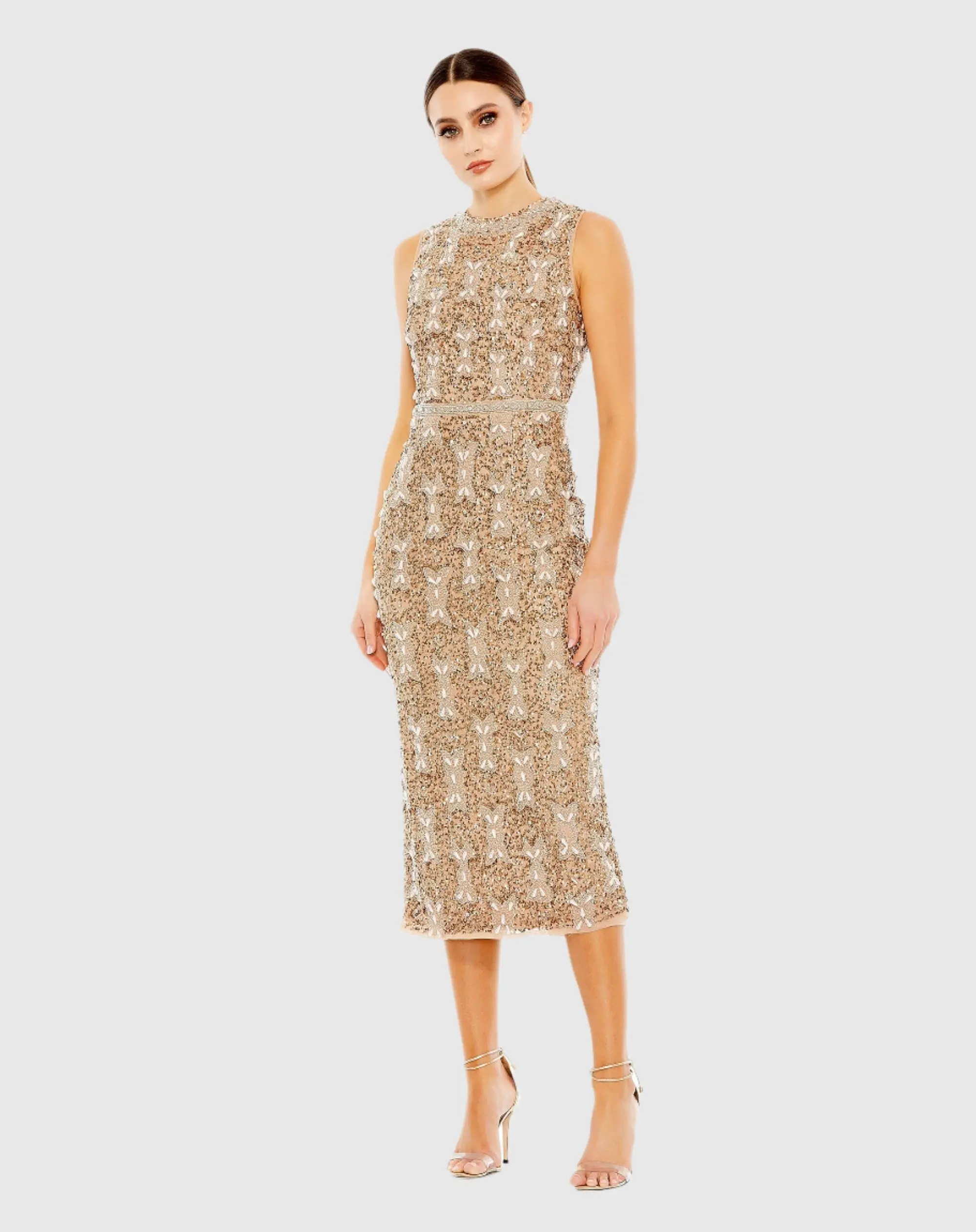 Beige Embellished High Neck Sleeveless A Line Dress