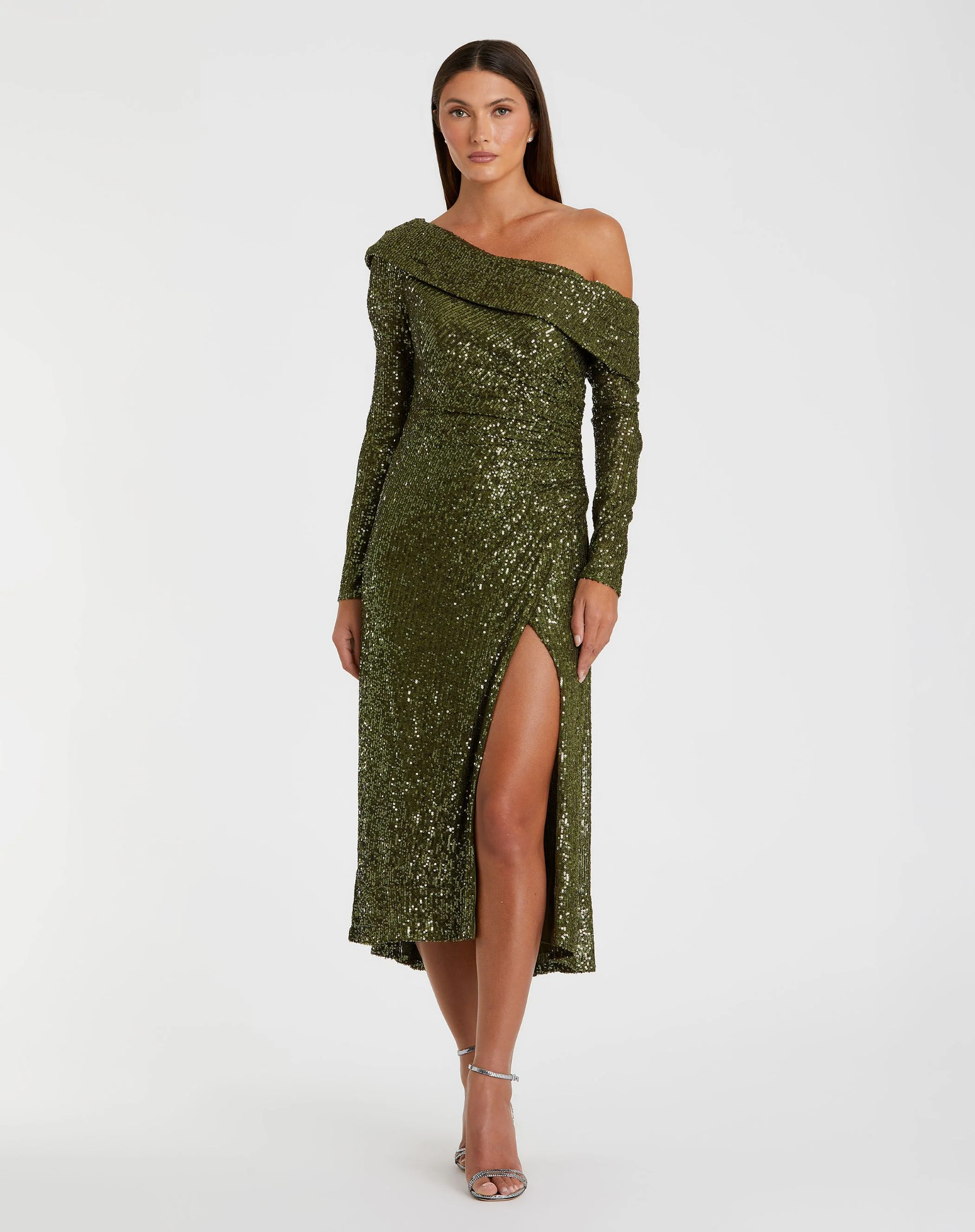 Green One Shoulder Sequin Long Sleeve Midi Dress