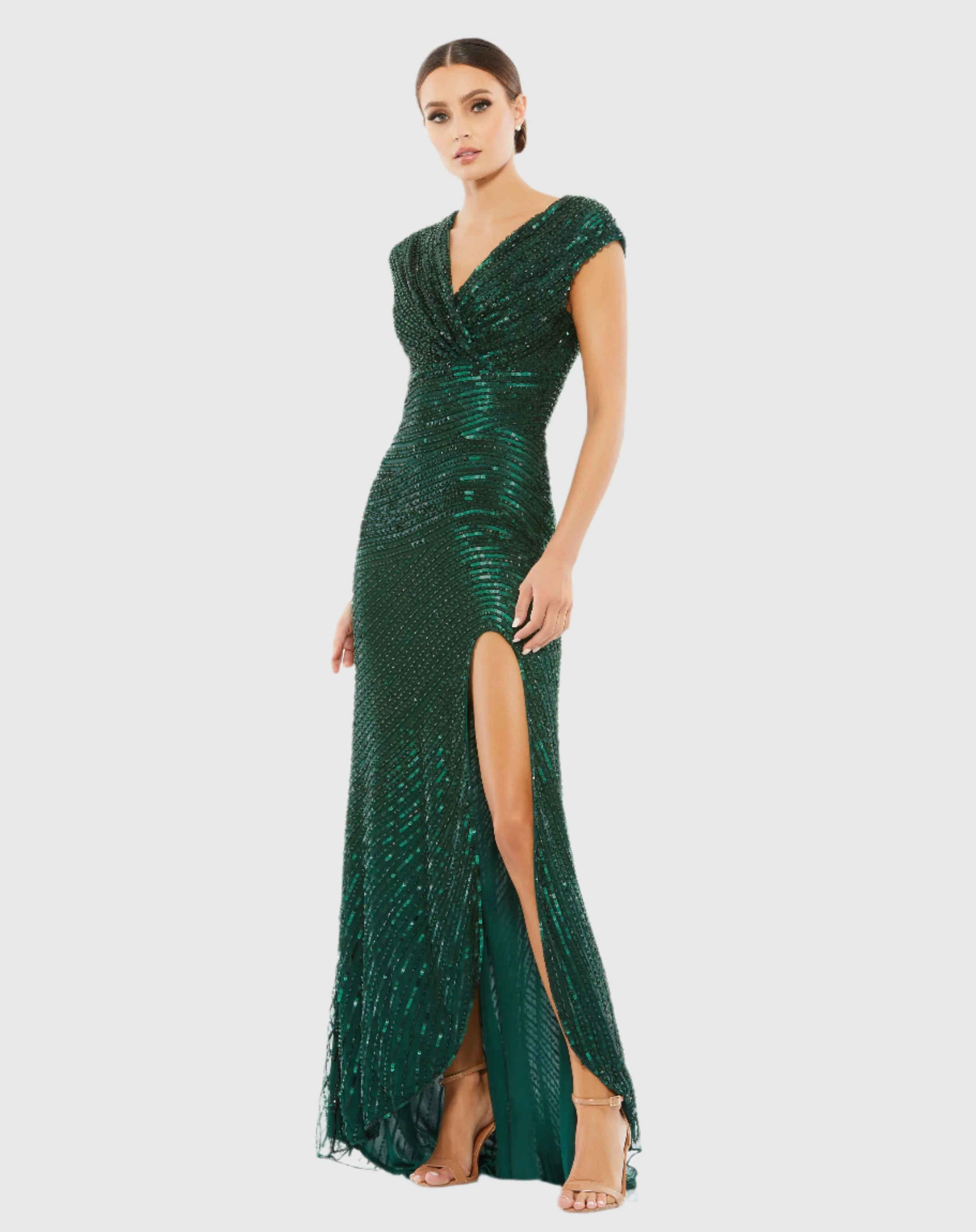 Green Cap Sleeve Sequined Evening Gown
