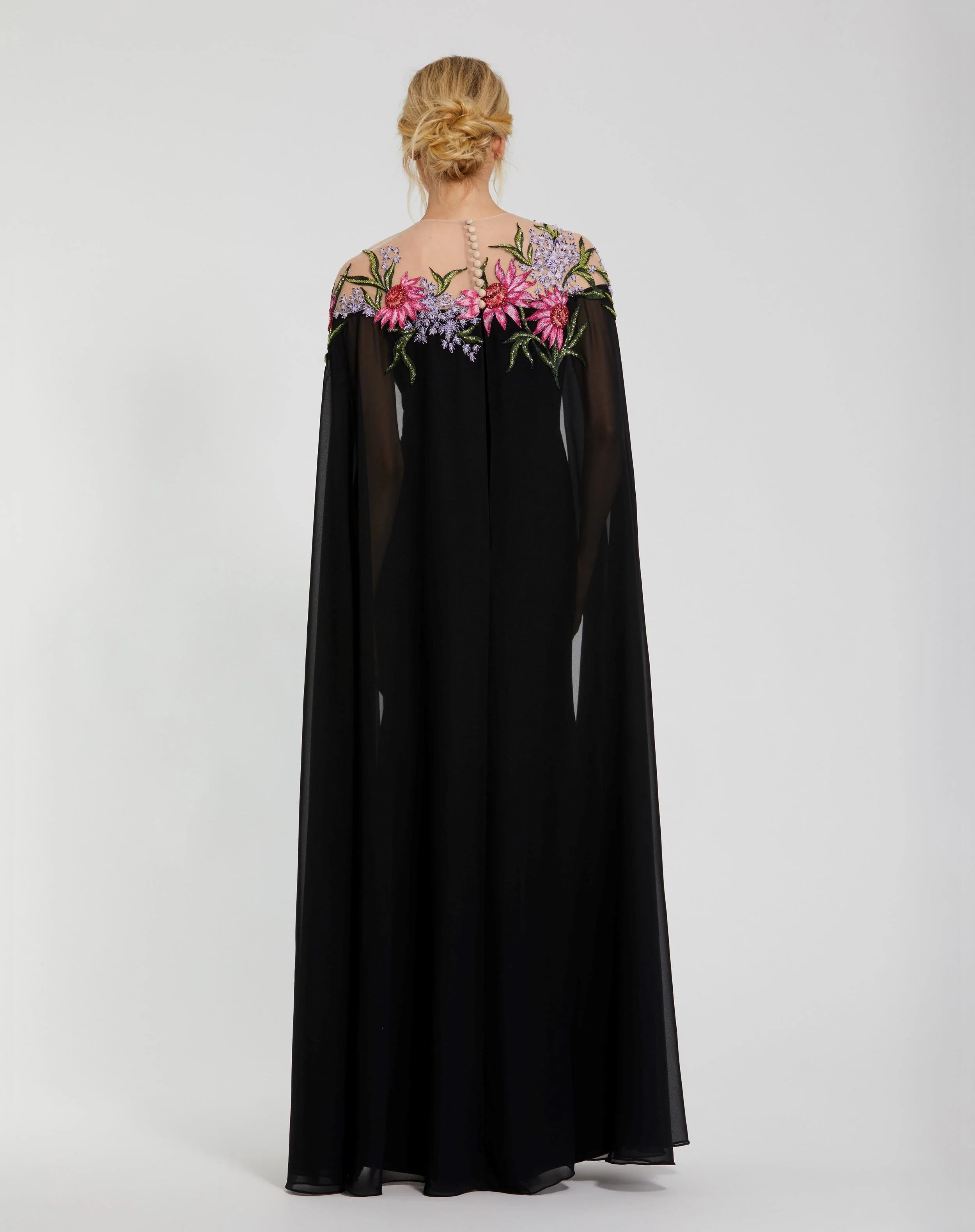 Black Sheer Cape Gown with Beaded Embroidery