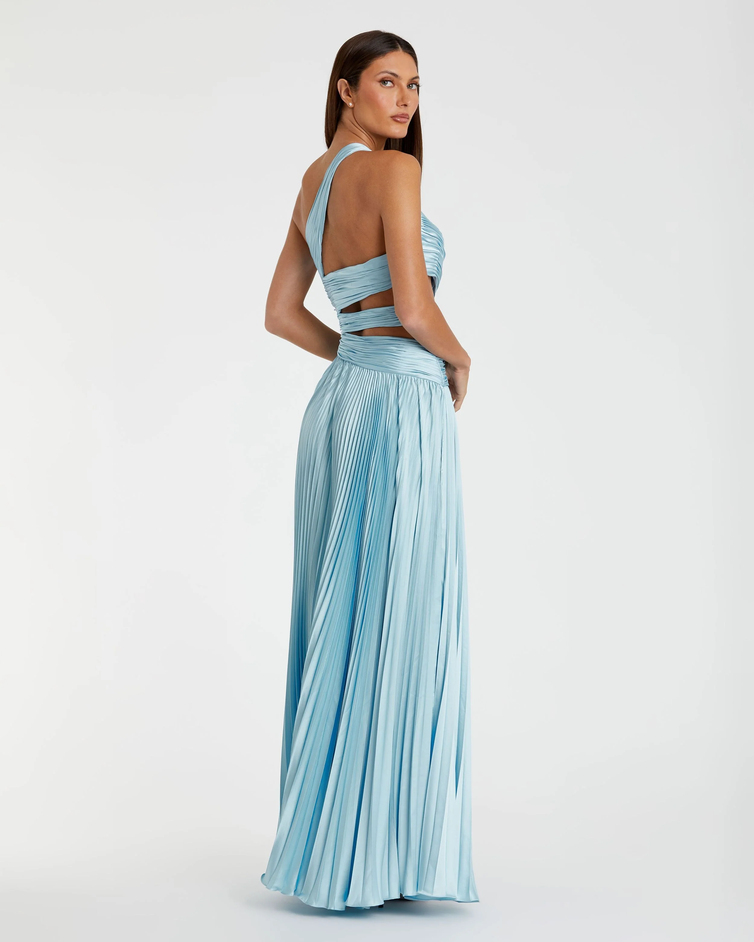 Blue One Shoulder Pleated Charmeuse High Low Gown